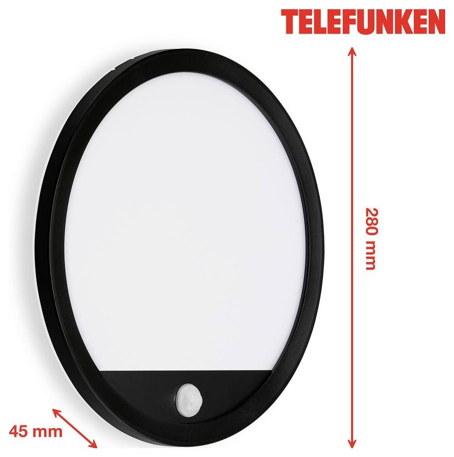 Telefunken ovale Wandleuchte mit schwarzem Rahmen und mattiertem Mittelpanel, dargestellt mit Abmessungen von 280 mm Höhe und 45 mm Tiefe.