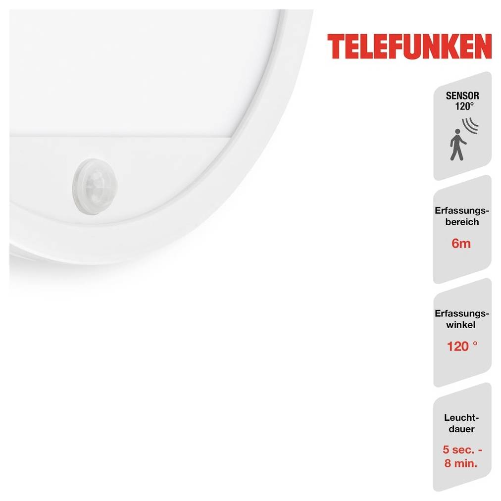 Telefunken Bewegungsmelder, zeigt 120° Sensor, 6 m Erfassungsbereich und 5 Sekunden bis 8 Minuten Leuchtdauer.