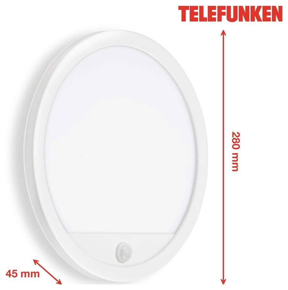 White oval Telefunken wall light with motion sensor, shown with dimensions: 280 mm tall and 45 mm deep.