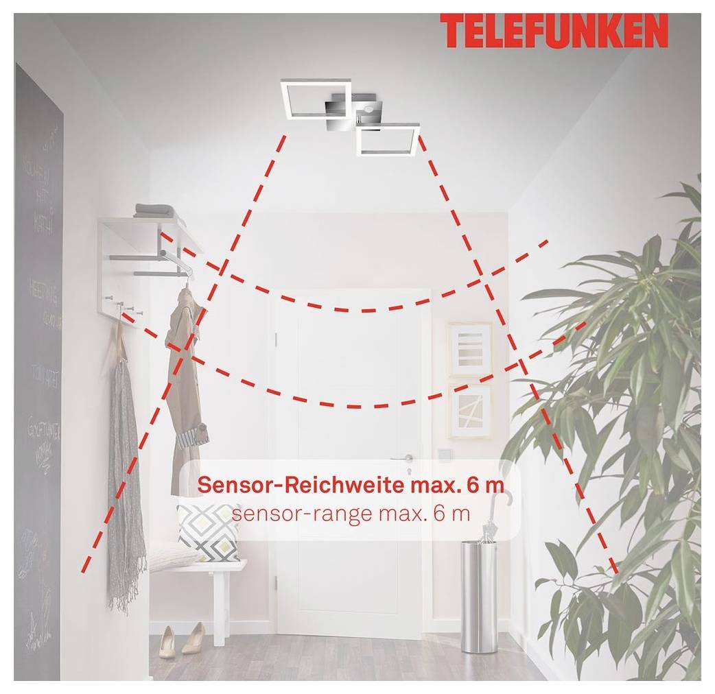 TELEFUNKEN Sensorleuchten-Erfassungsbereich-Diagramm, das die Erkennungsreichweite in einem Raum zeigt, beschriftet mit „Sensor-Reichweite max. 6 m