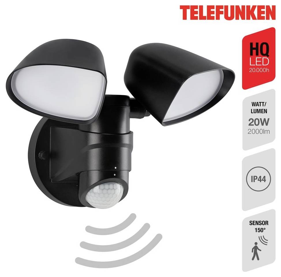 Telefunken Dual-Head schwarze LED-Sicherheitsleuchte mit Bewegungsmelder; Etiketten zeigen „HO LED 20.000h