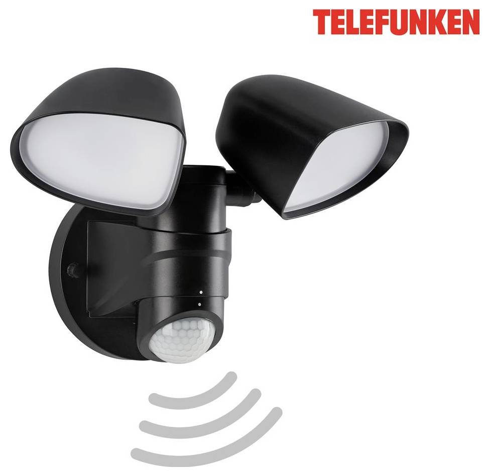 Telefunken Dual-Head schwarze Außensicherheitsleuchte mit Bewegungsmelder und gekrümmten Erkennungswellen unten.