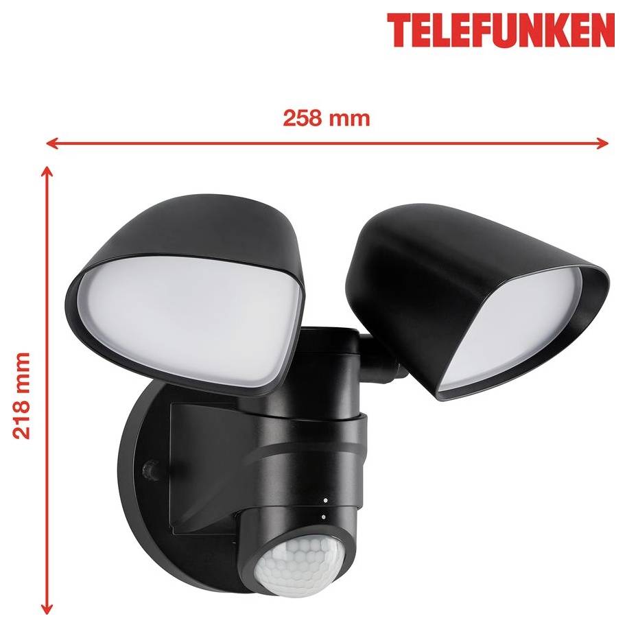 Telefunken schwarze duale Außensicherheitsleuchte mit Bewegungsmelder, dargestellt mit Abmessungen von 258 mm Breite und 218 mm Höhe.