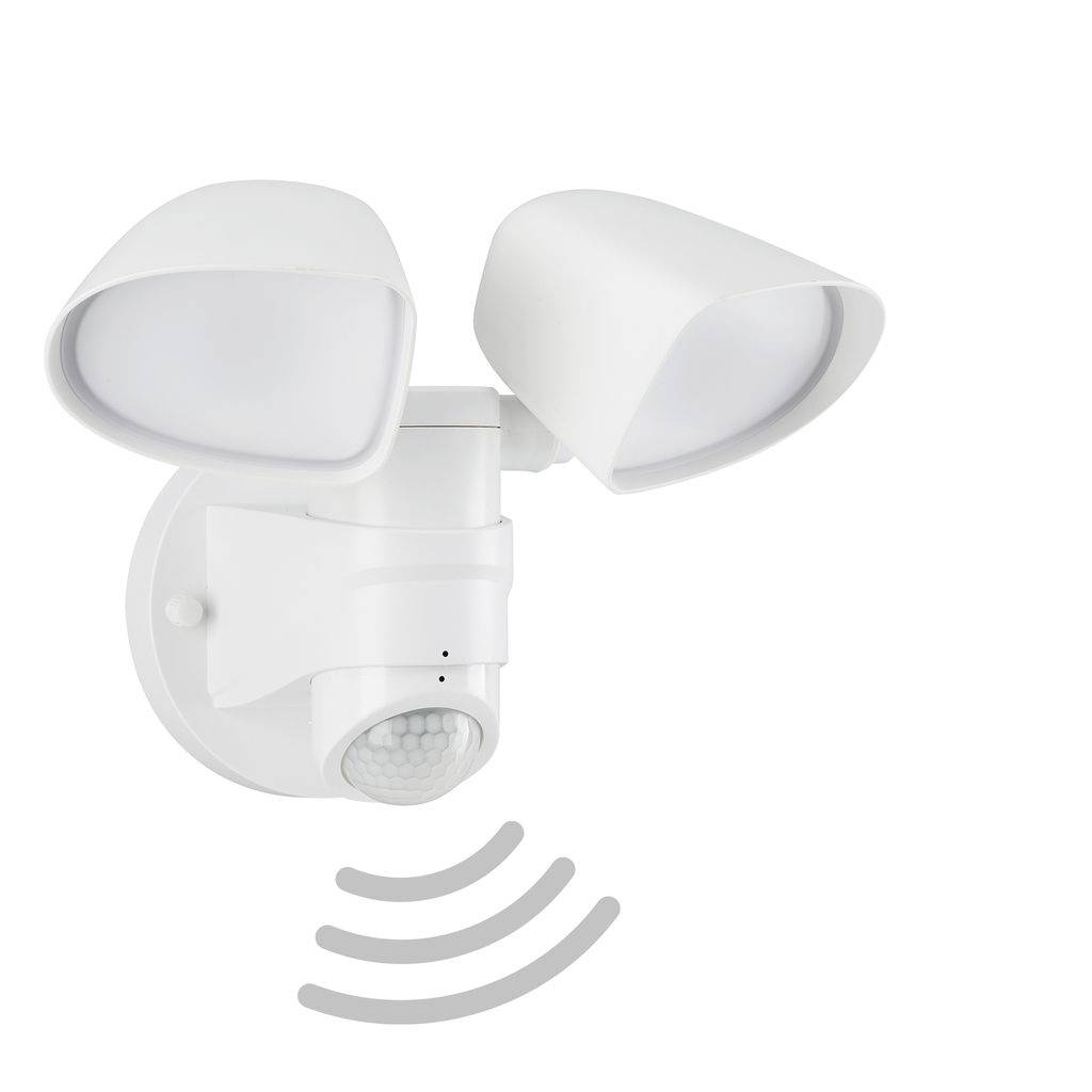 White motion-sensor security light with two adjustable floodlights and a PIR sensor, shown with signal waves indicating motion detection.
