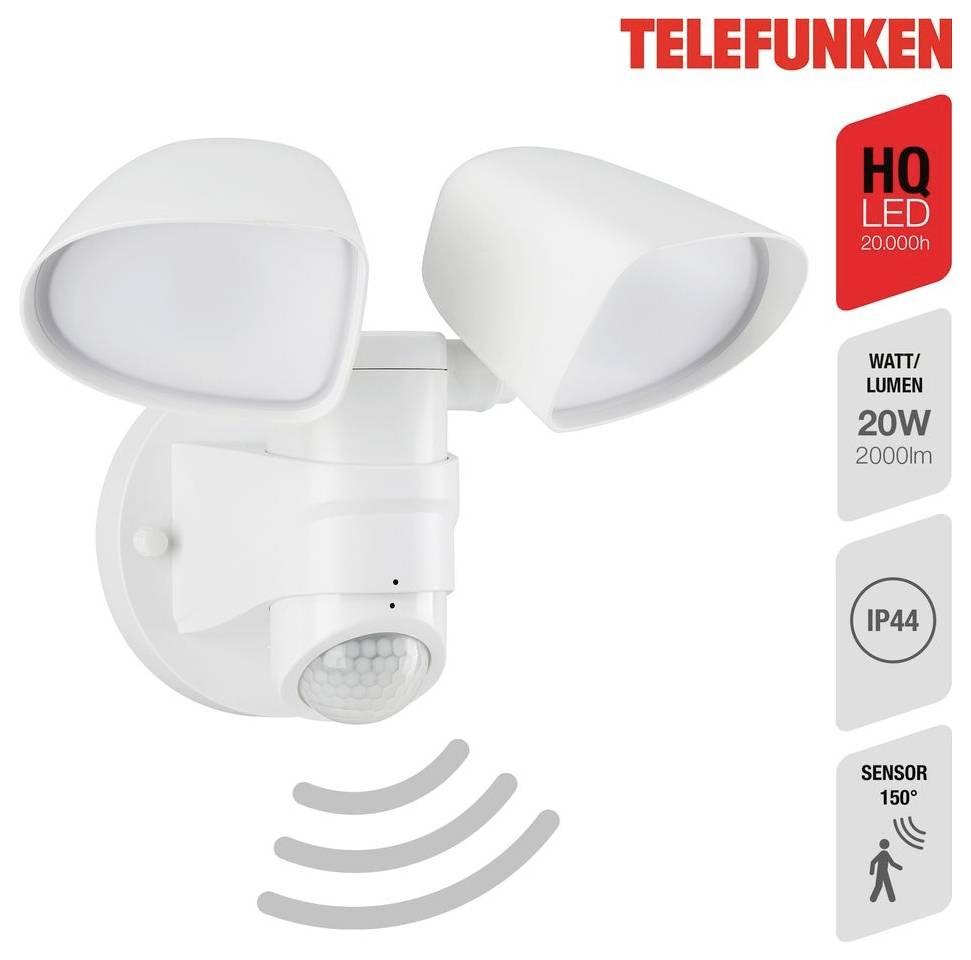 Weiße Telefunken Dual-Kopf LED-Bewegungsmelder Sicherheitsleuchte mit zwei verstellbaren Lampen, PIR-Sensor, IP44-Schutzart, 20W, 2000 lm, 150° Erkennungsbereich.