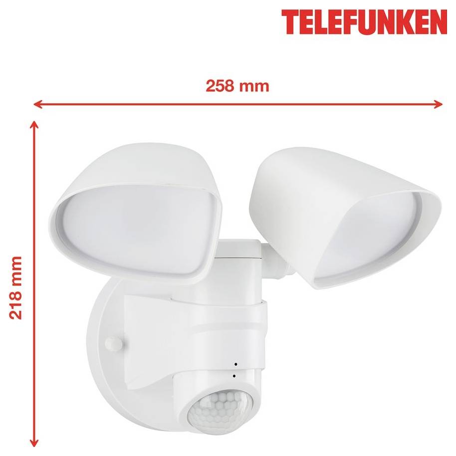 Telefunken weiße Dual-Kopf-Außensicherheitsflutlicht mit Bewegungsmelder, dargestellt mit Abmessungen von 258 mm Breite und 218 mm Höhe.