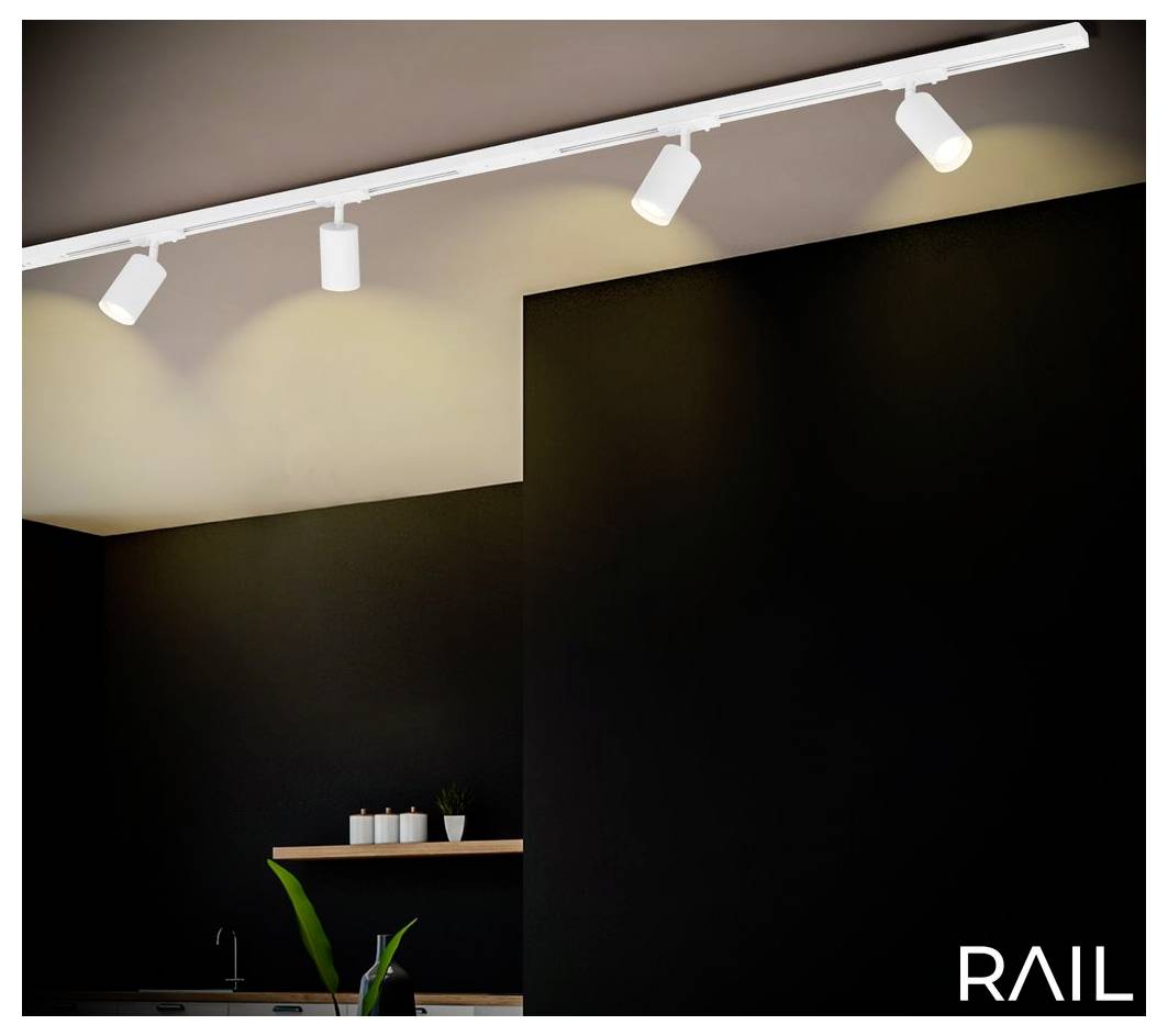 Minimalistisches Interieur mit weißen Schienensystem-Leuchten, die eine dunkle Wand und ein kleines Regal beleuchten; „RAIL