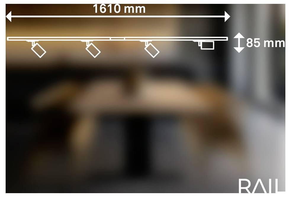 Diagramm eines an der Decke montierten Schienensystems: 1610 mm lang und 85 mm hoch, mit drei Aufhängungsvorrichtungen, die entlang der Schiene positioniert sind.