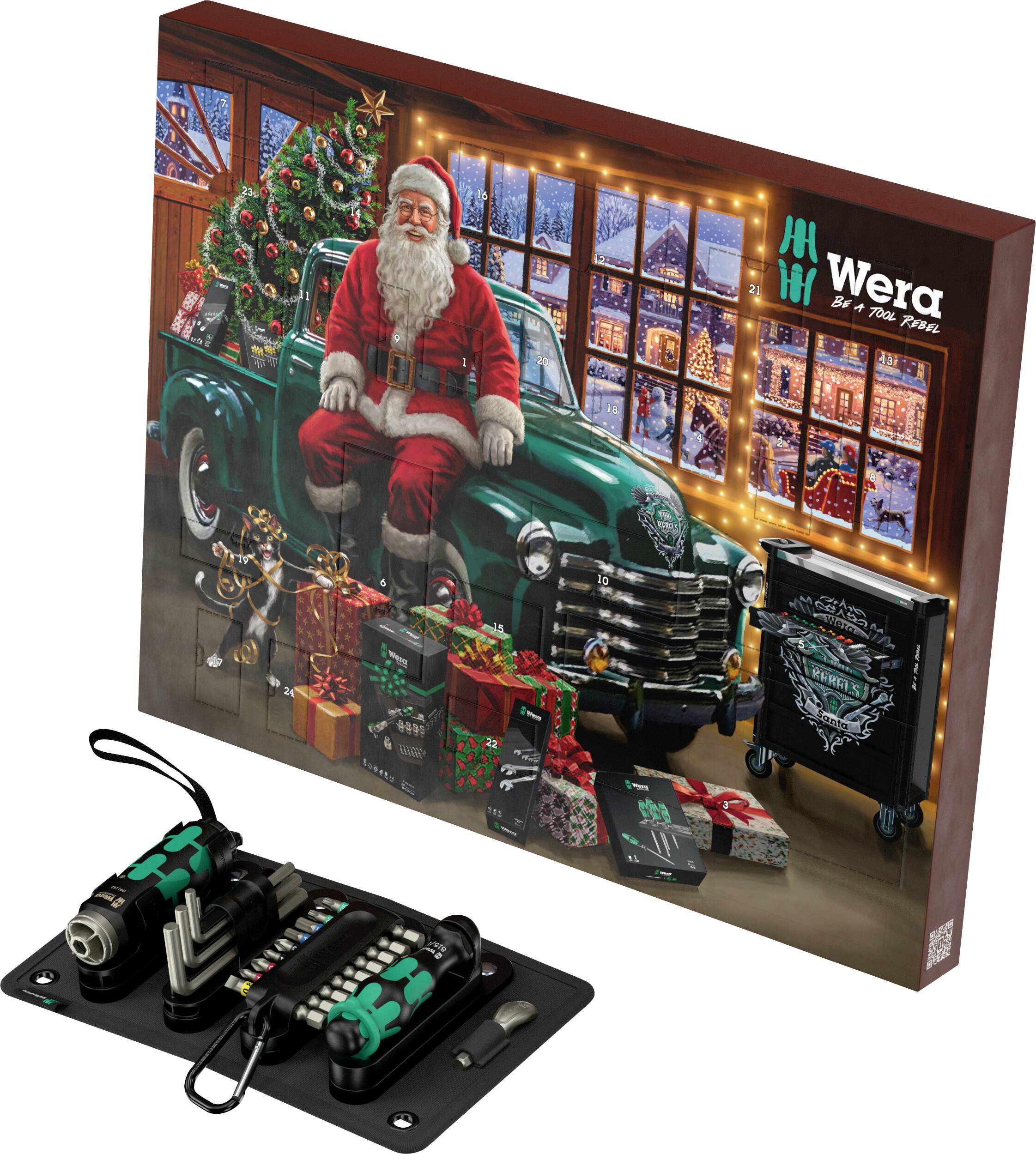 Wera Geschenkset-Verpackung mit dem Weihnachtsmann, der auf einem grünen Vintage-Lastwagen sitzt, mit Weihnachtslichtern und in einem Koffer ausgestellten Werkzeugen darunter.