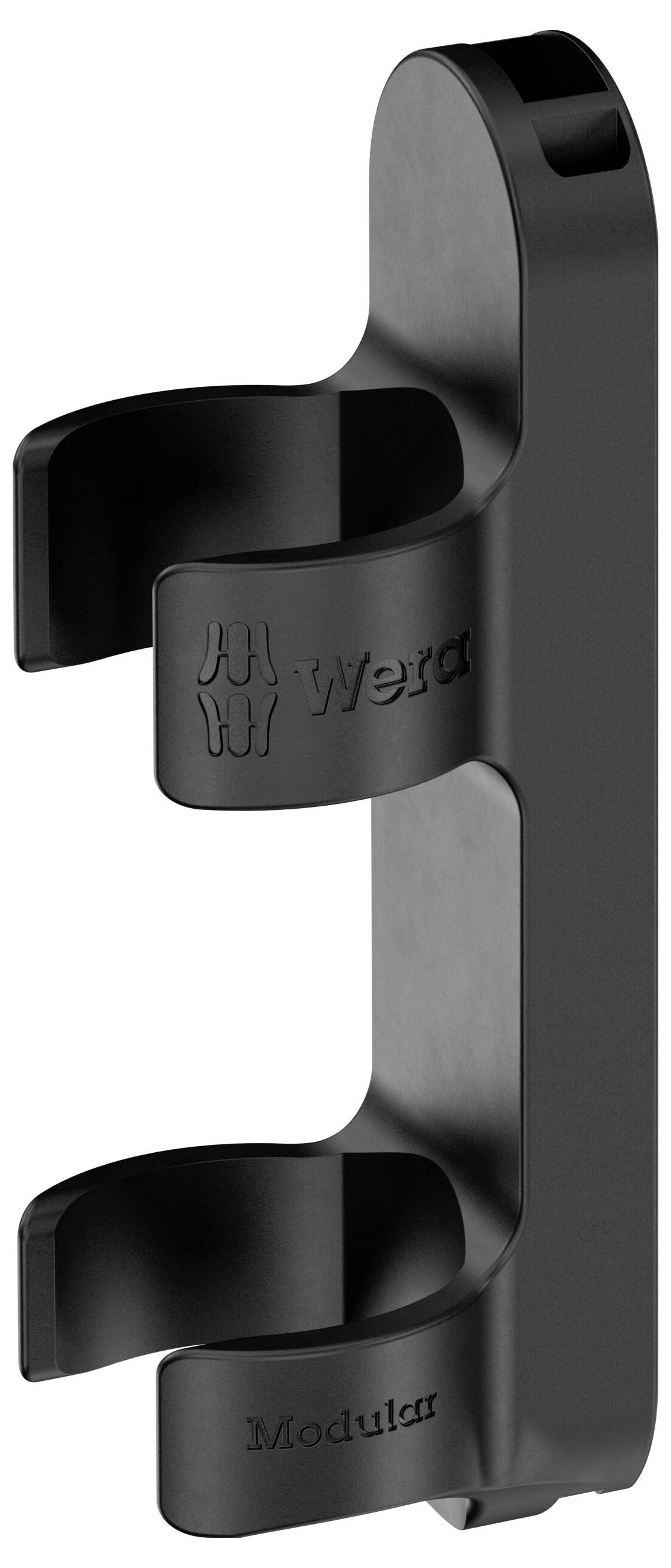 Schwarzer an der Wand montierter modularer Halter mit zwei gekrümmten Schlitzen, dargestellt in einem produktstylisierten Bild vor weißem Hintergrund.