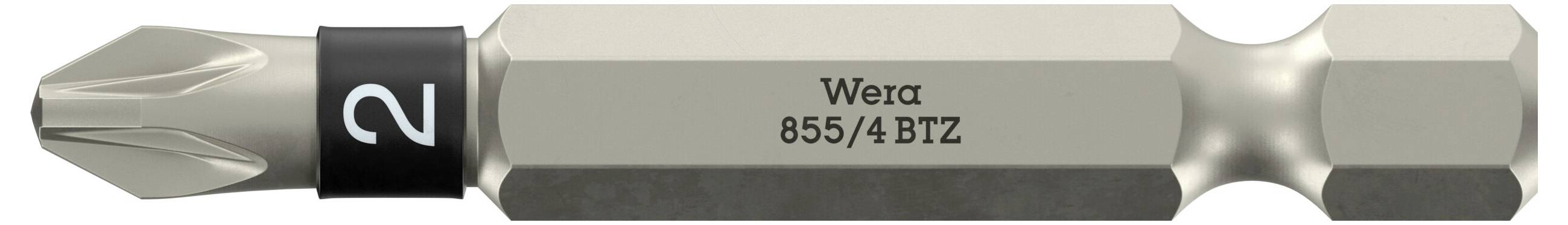 Wera 855/4 BTZ Schraubendreherbit mit Größe 2 Kennzeichnung und Sechskantschaft, horizontal auf weißem Hintergrund dargestellt.