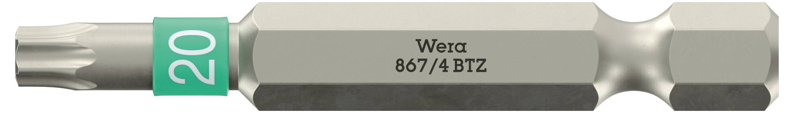 Nahaufnahme eines Wera 867/4 BTZ 20-Bit-Schraubendreherbits mit hexagonalem Schaft und grünem Größenband.
