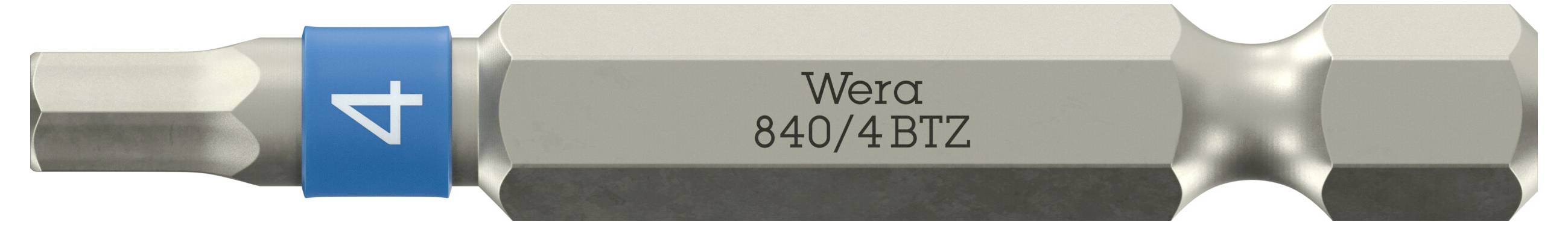 Nahaufnahme eines Wera 840/4 BTZ Bits mit blauem Band und weißer 