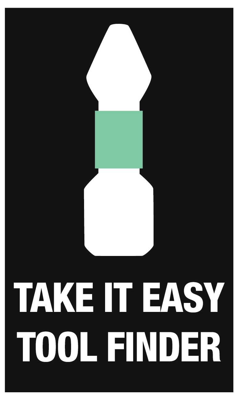 Schwarzes Plakat mit einem weißen Werkzeugsymbol und einem blaugrünen Band über dem fettgedruckten Text „TAKE IT EASY TOOL FINDER