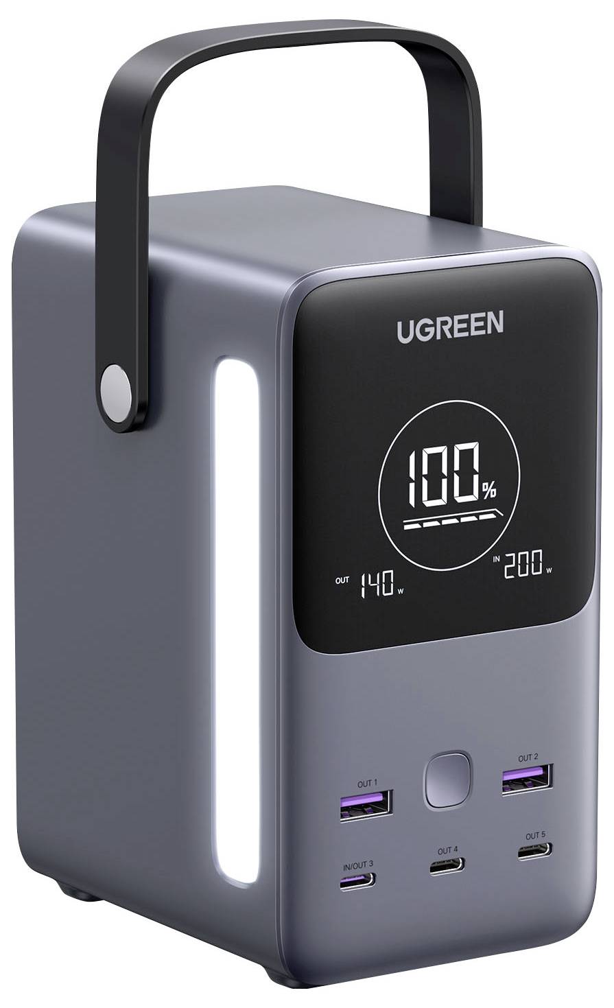 Tragbare UGREEN Stromversorgungsstation mit Griff, Display zeigt 100% Ladung und mehrere Ausgangsanschlüsse auf der Vorderseite.
