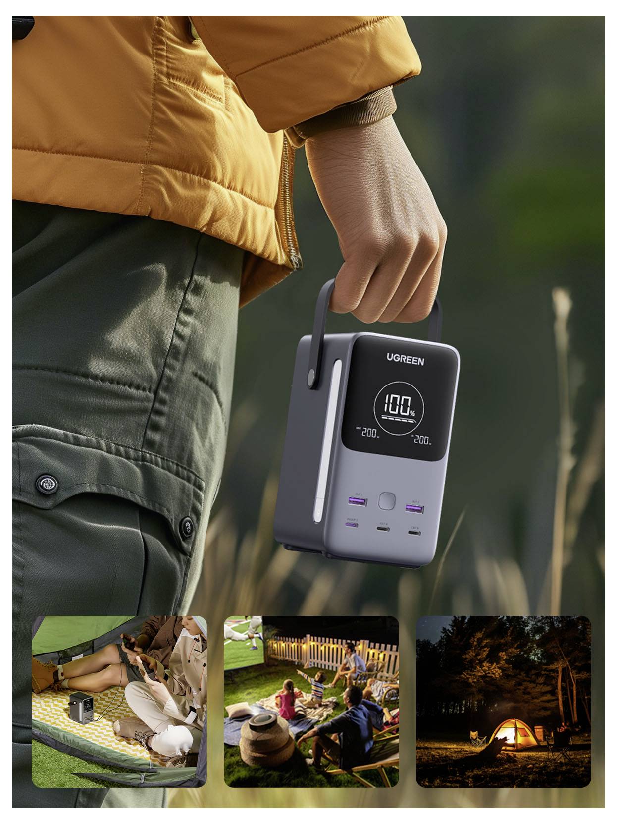 Person, die eine tragbare Stromstation mit digitaler Batterieanzeige und mehreren USB-Anschlüssen hält, dargestellt als kompakte Stromquelle für den Außeneinsatz; kleine Einsatzfotos deuten auf Campinggebrauch hin.