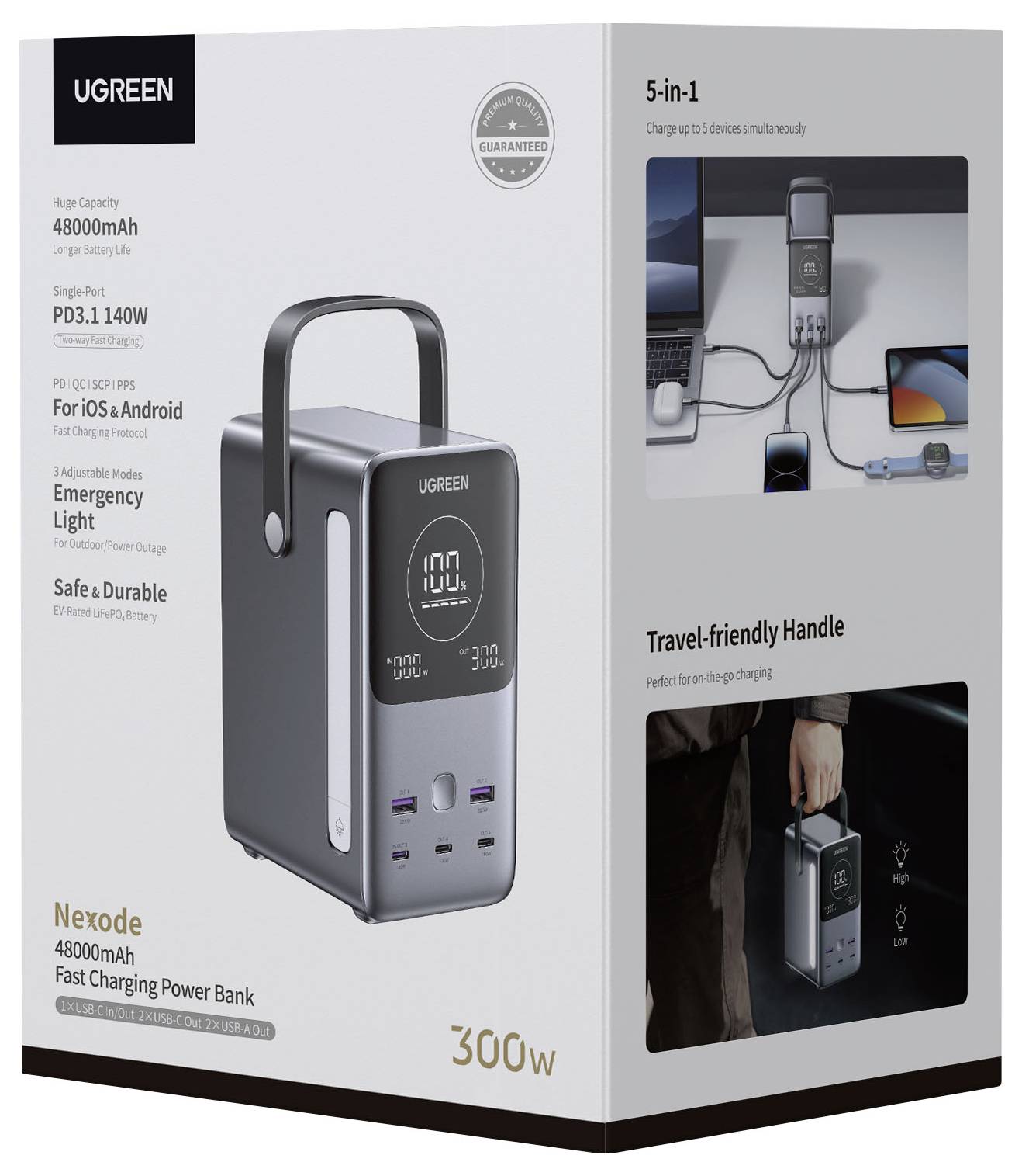 UGREEN Nexode 48000mAh 300W Schnelllade-Powerbank-Paket mit tragbarem Griff und 5-in-1-Ladefunktionen für Reisen und Notfalleinsatz.
