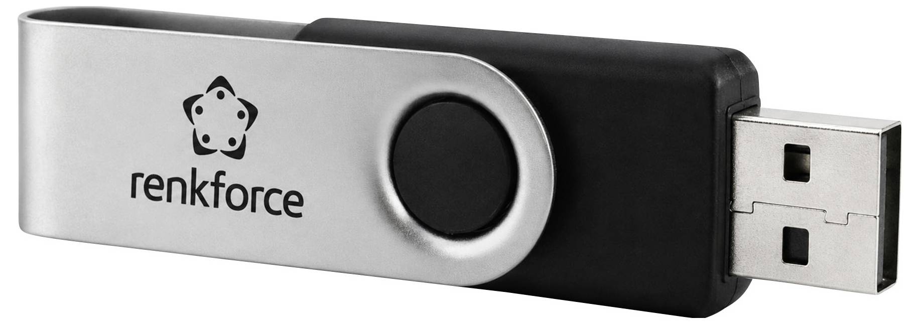 Ein silberner und schwarzer USB-Stick mit dem Logo 