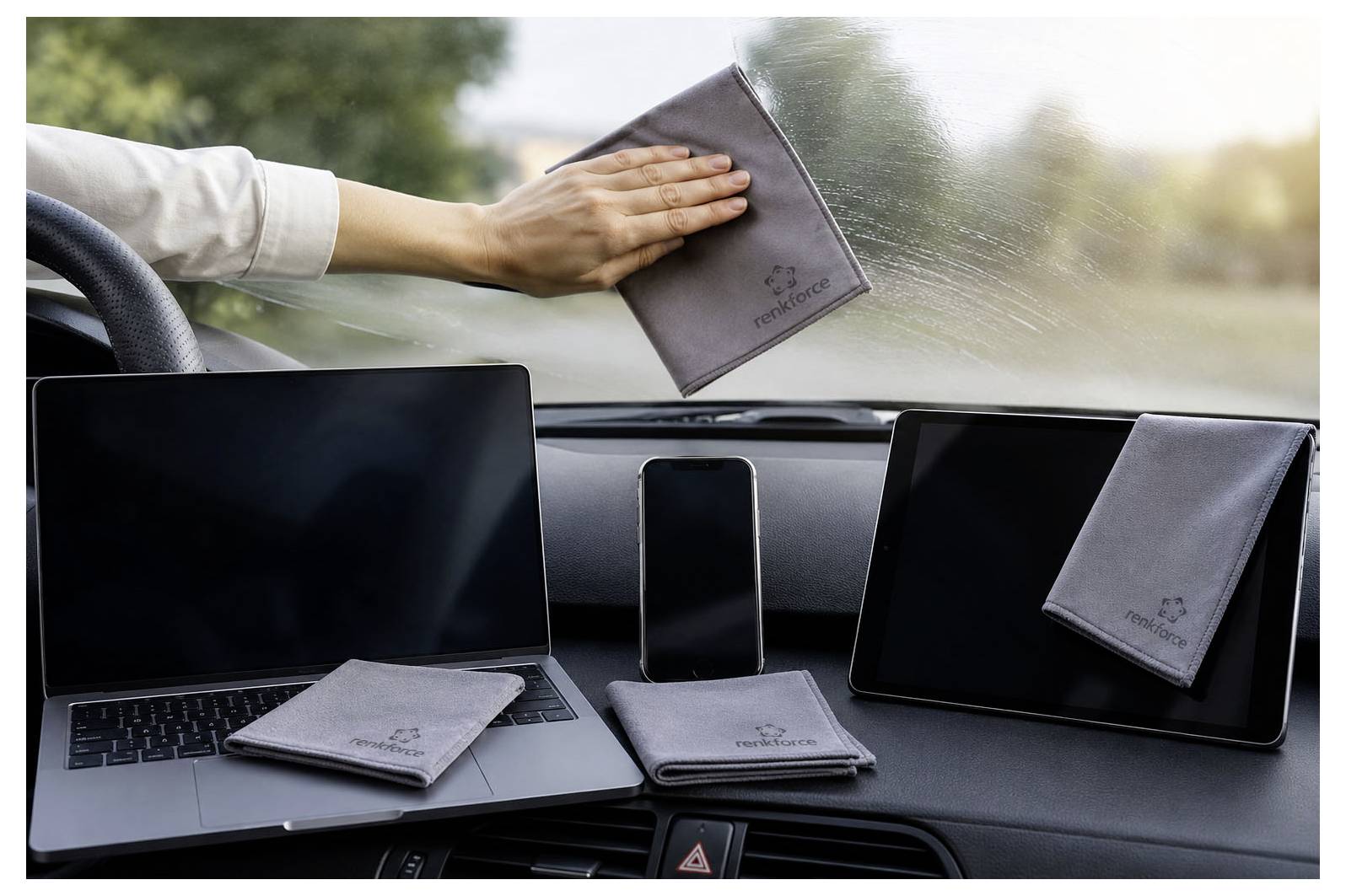 Eine Hand wischt eine Autoscheibe mit einem Tuch ab, während ein Laptop, Telefon, Tablet und Tücher auf dem Armaturenbrett liegen.