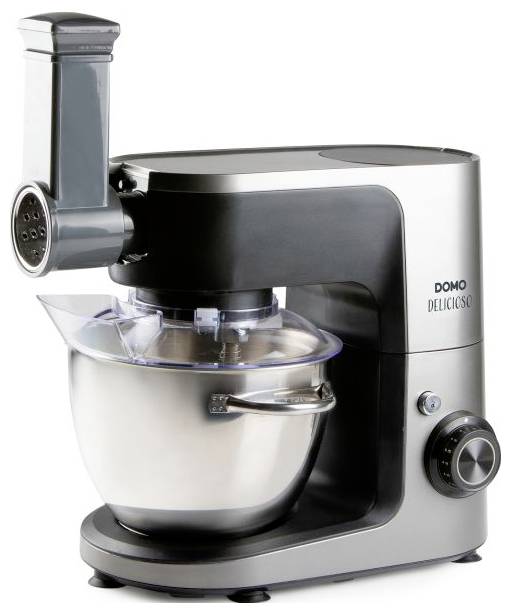 Elektrischer Standmixer mit angefügtem Fleischwolf und Edelstahlmischschüssel, auf der Seite mit „DOMO DELICIOSO