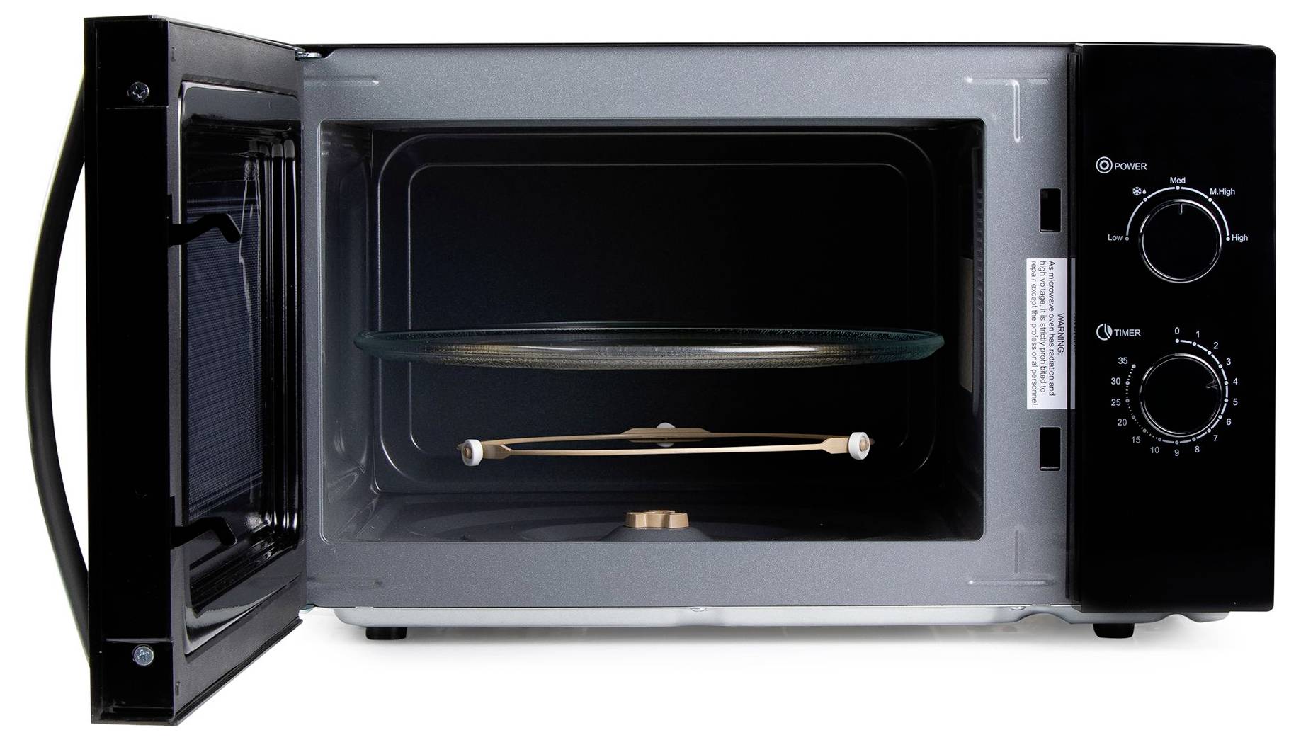 Open microwave oven with empty interior, glass turntable, and two control dials on the right side.
