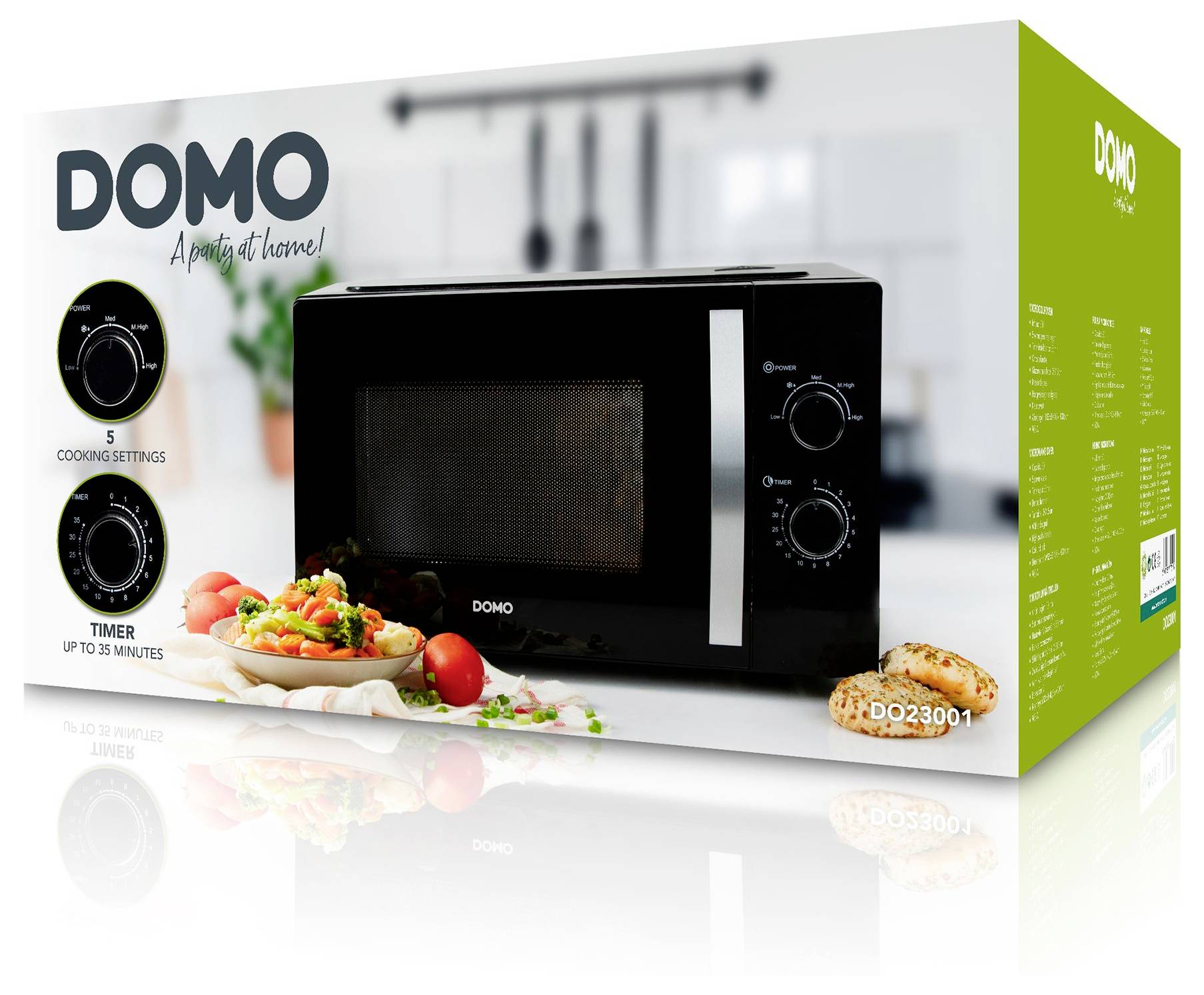 Packaging image of a Domo microwave oven, showing the black appliance with cooking and timer dials and food in front, labeled 'Domo' and 'DO23001'.
