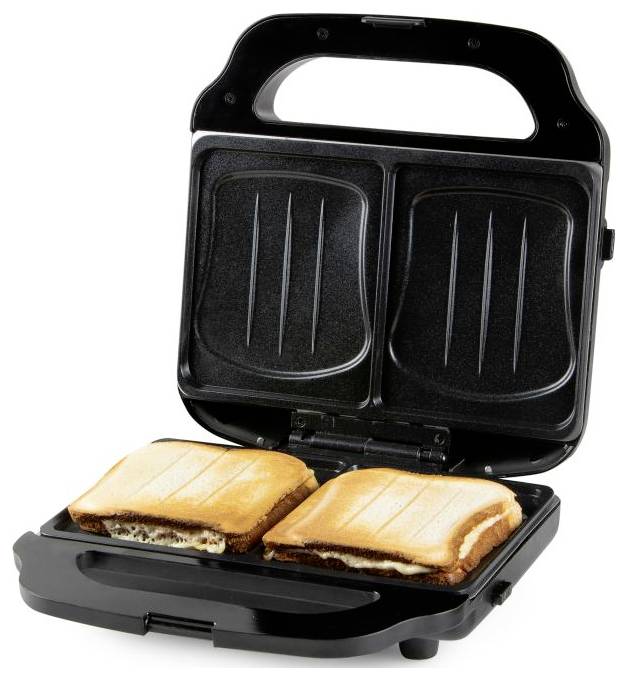 Offene Sandwich-Presse mit zwei getoasteten Sandwiches auf einem schwarzen Küchengerät mit angehobener Abdeckung.