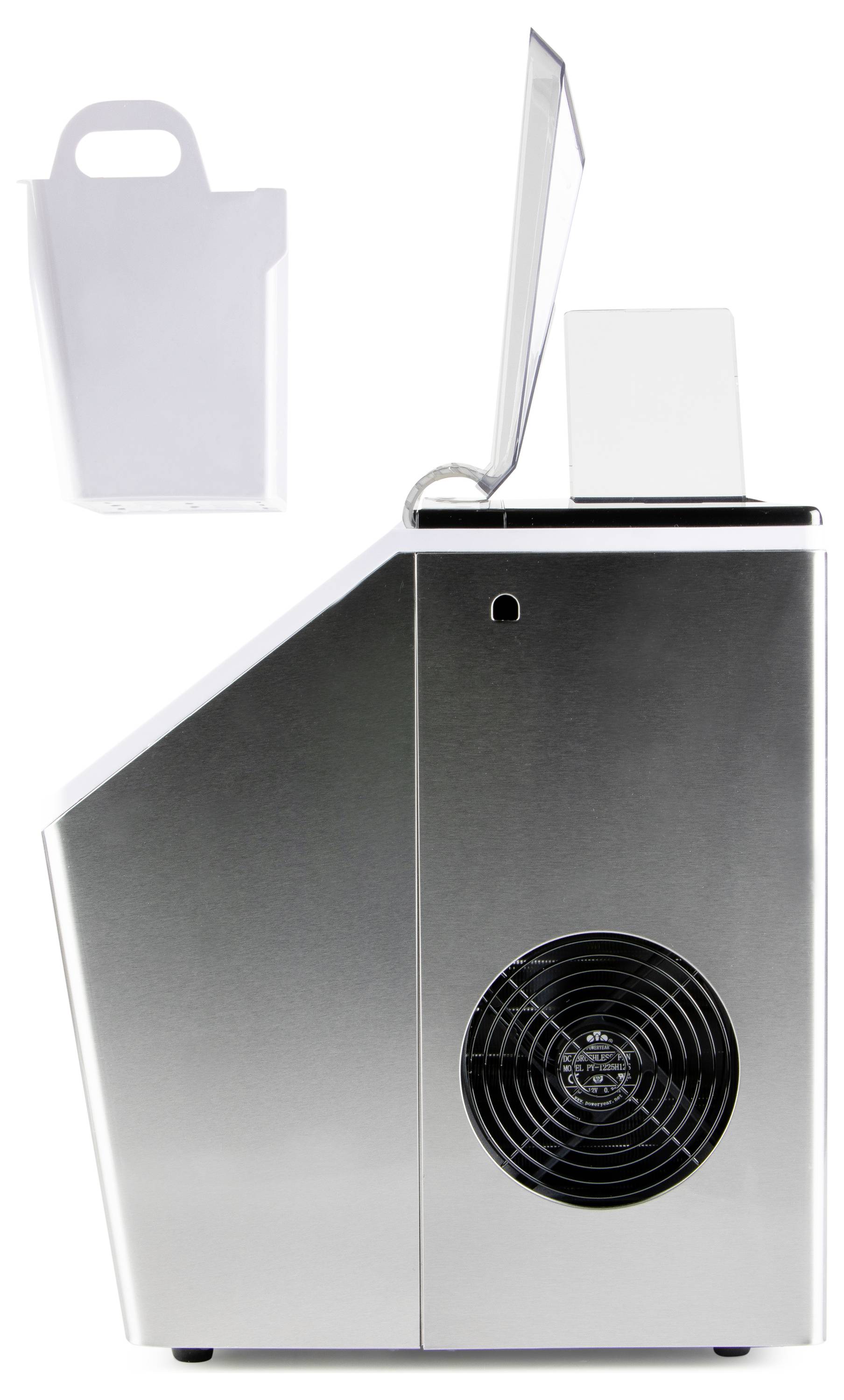 Stainless steel portable cooler with open lid and side fan, shown with a white carry bag above it.
