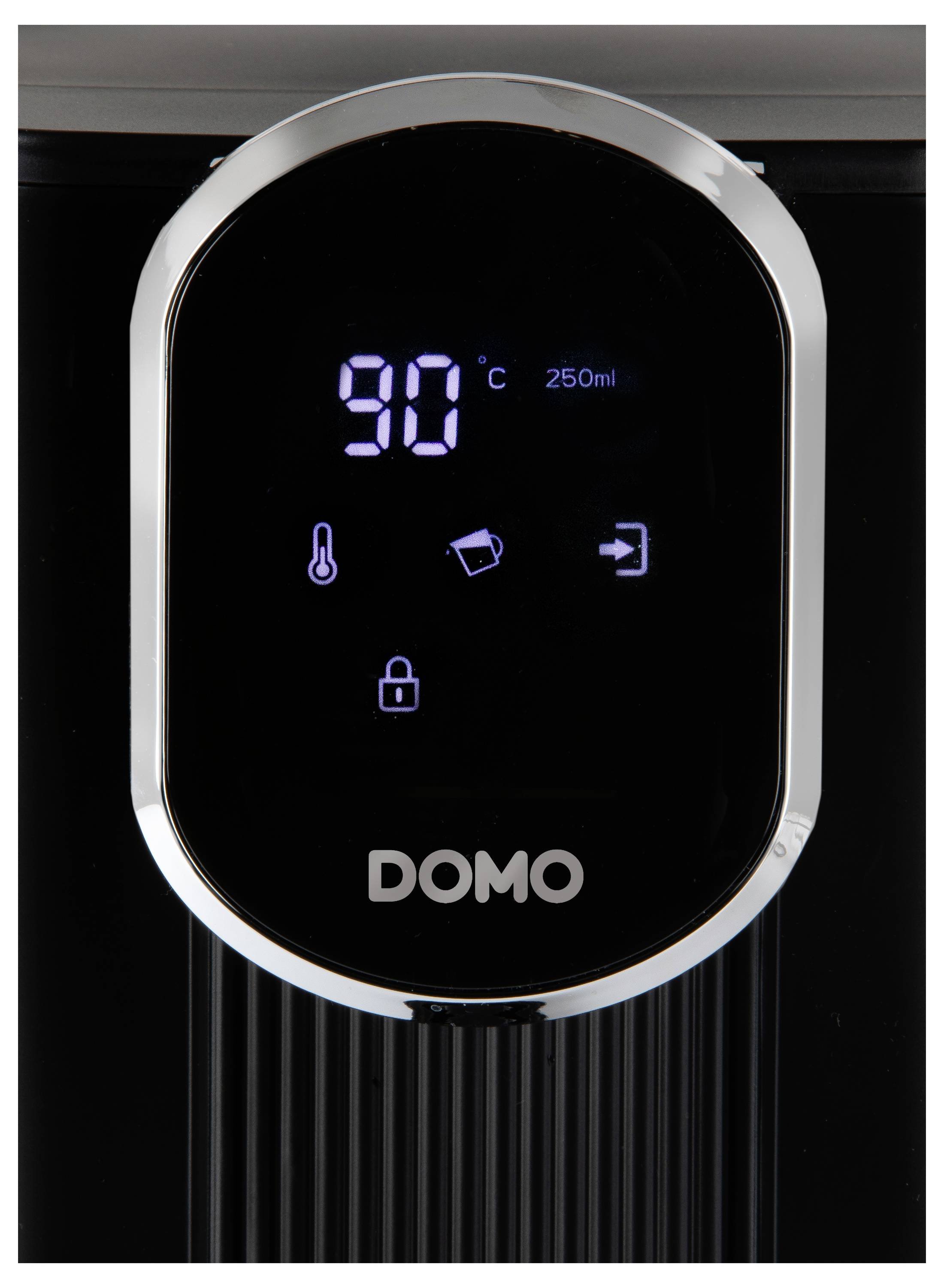 Anzeige eines DOMO-Geräts mit 90 °C und 250 ml; Symbole für Temperatur, Wasser/Behälter, Start und Verriegelung.