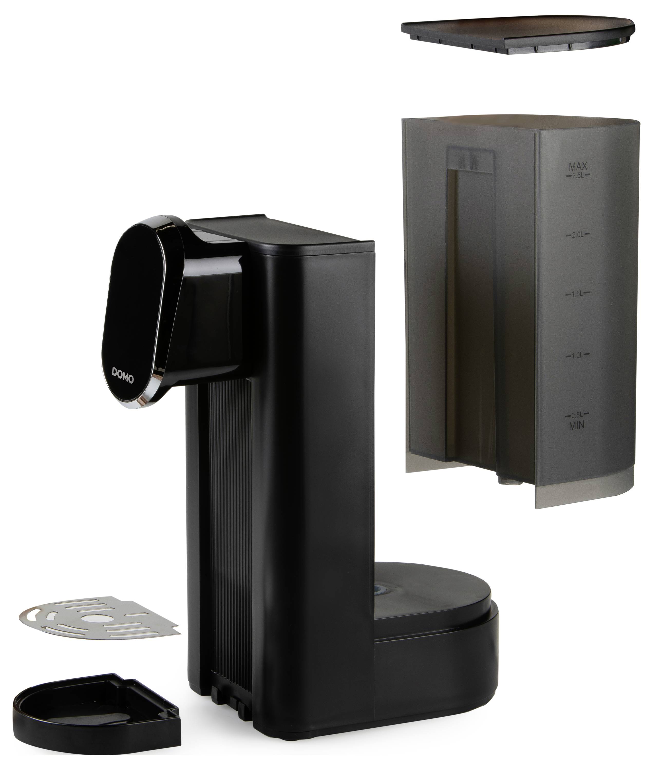 Schwarzer DOMO-Kaffeemaschinen-Wassertank mit abnehmbarem Deckel und Wasserstandsanzeige, gezeigt in mehreren Ansichten mit Einzelteilen.