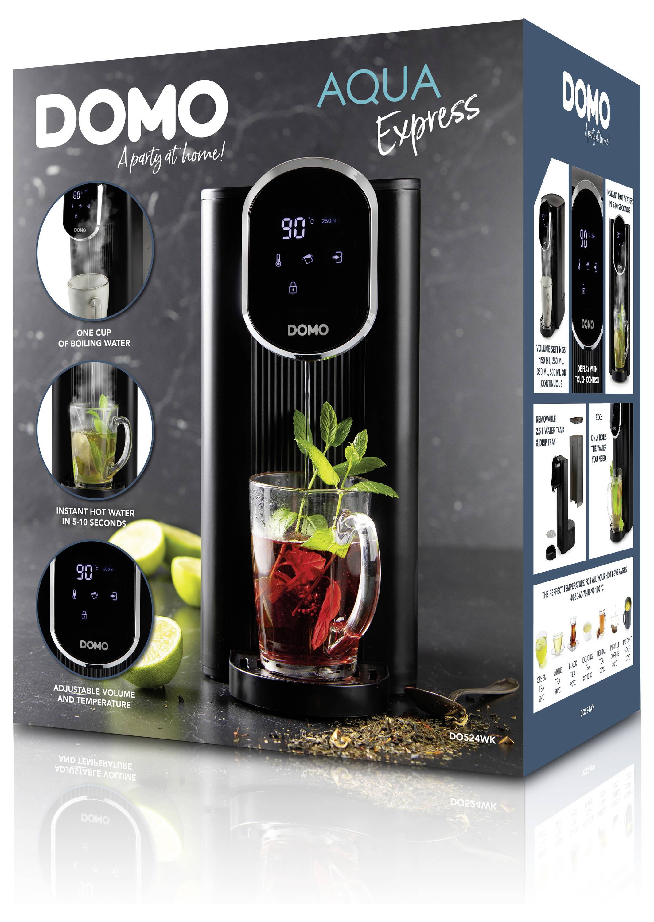 Produktverpackung für den Wasserspender 'DOMO Aqua Express' mit großem Gerät, Teezubereitung und Funktionen wie Heißwasser in 10 Sekunden und einstellbarer Temperatur.