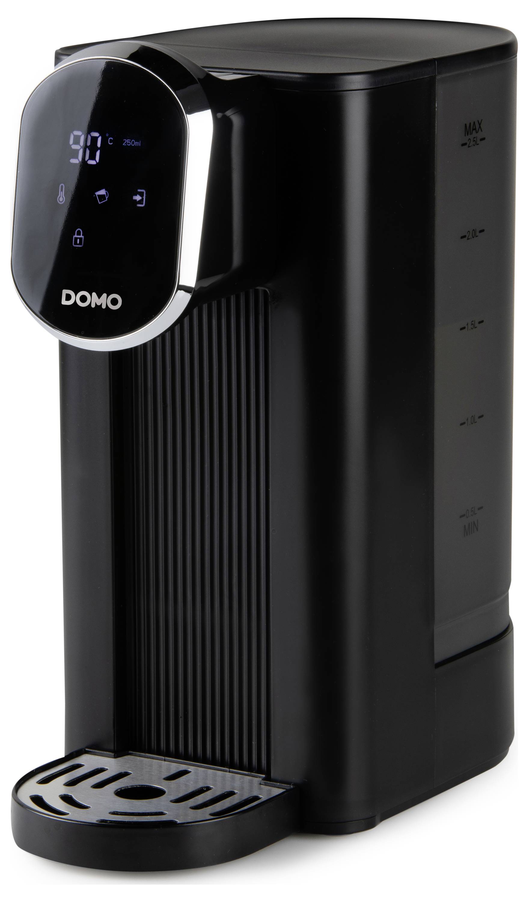 Schwarzer DOMO-Wasserspender mit digitalem Display, Tastensteuerung und Tropfschale zur Ausgabe von heißem Wasser.