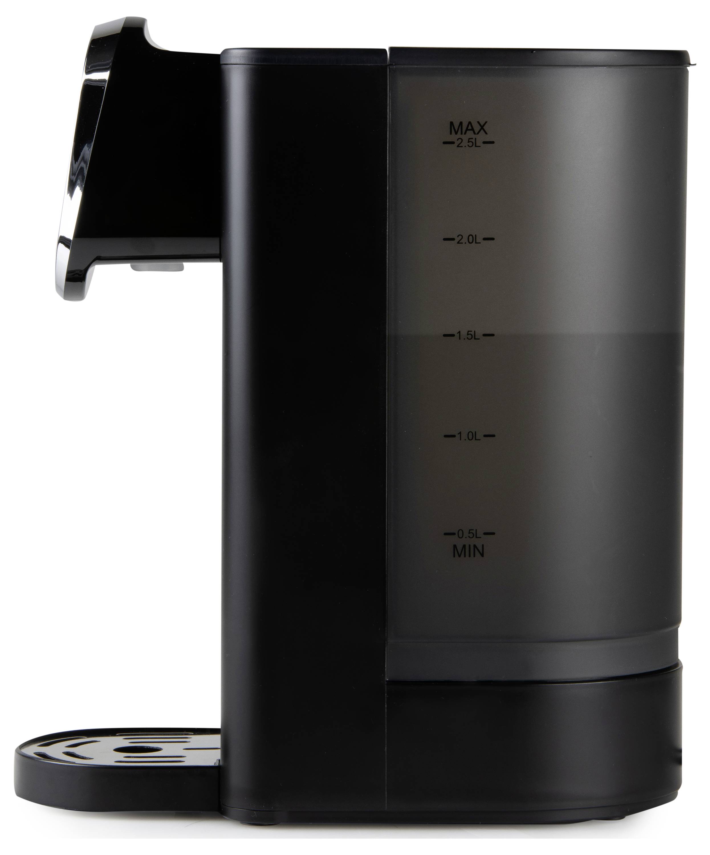 Schwarzer Kaffeemaschinen-Wassertank mit Füllstandsskala bis 2,5 l und Tropfschale links.