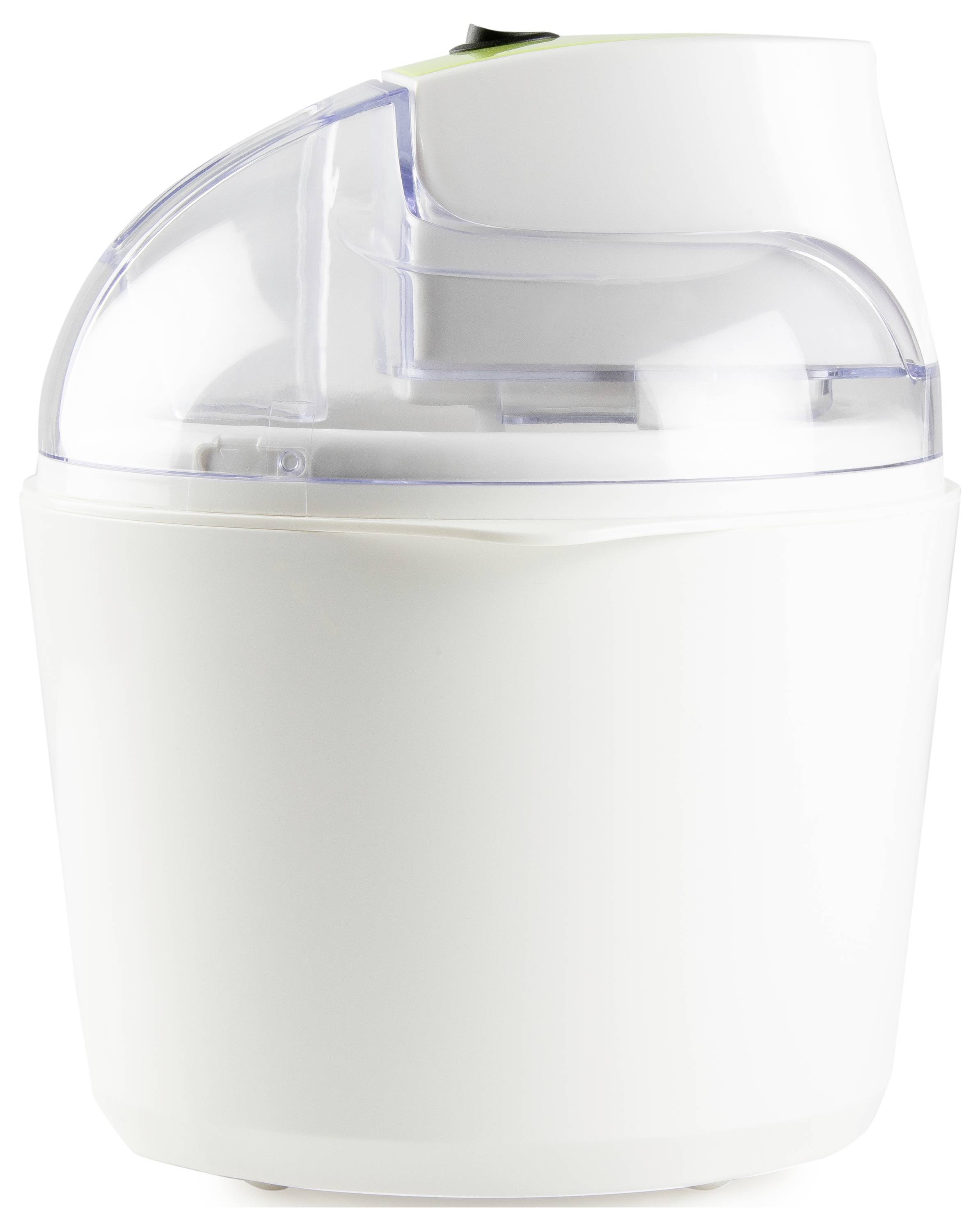 Eismaschine mit weißer Arbeitsplatte, transparentem Deckel und durchsichtigem Wasser-/Eisfach, vor neutralem Hintergrund dargestellt.