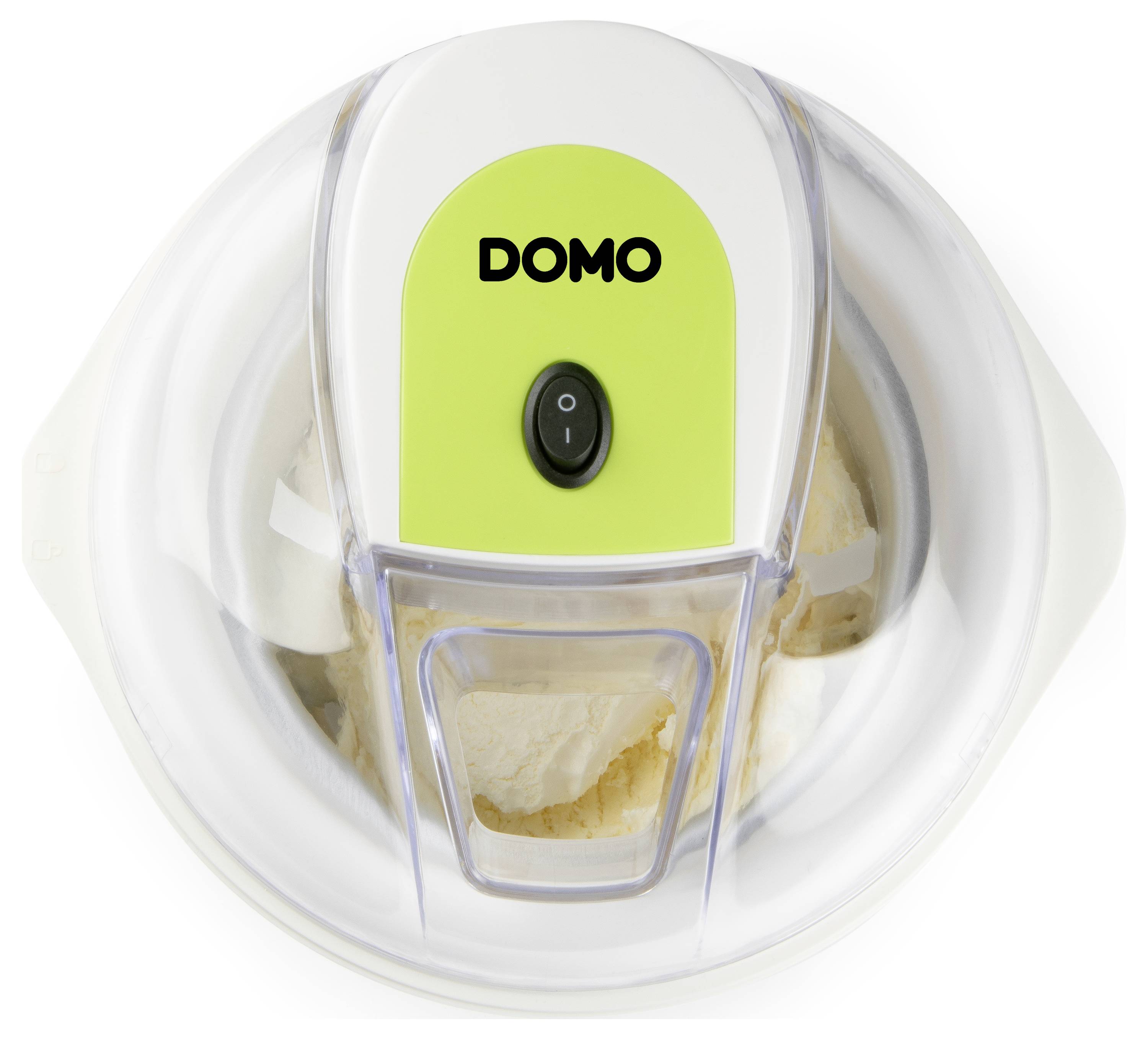 Draufsicht auf eine Domo-Eismaschine mit einem limonengrünem Bedienfeld und sichtbarem Eismischung unter dem transparenten Deckel.