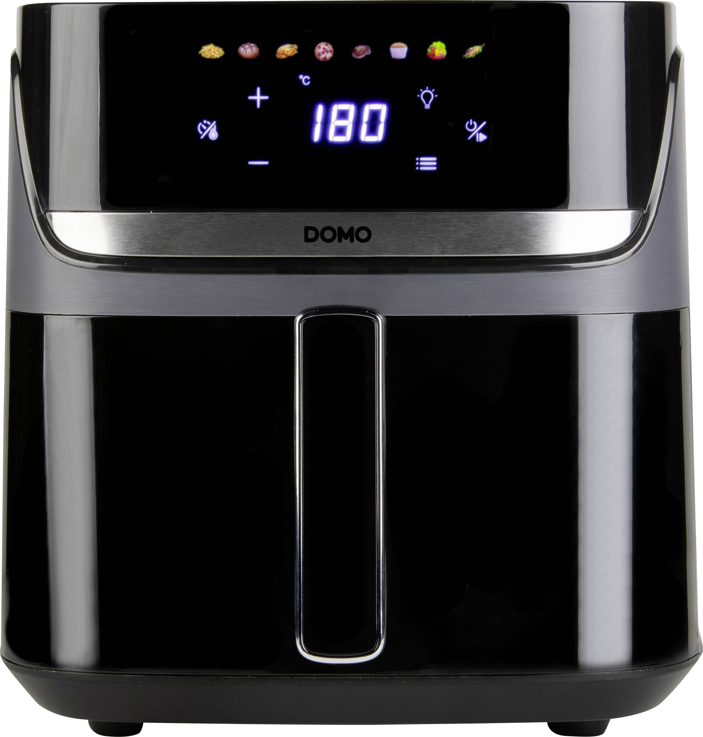 Schwarzer Domo-Heißluftfritteuse mit digitalem Touch-Display, das 180°C und Kochsymbole anzeigt, mit zentriertem Vordergriff auf glänzendem Gehäuse.