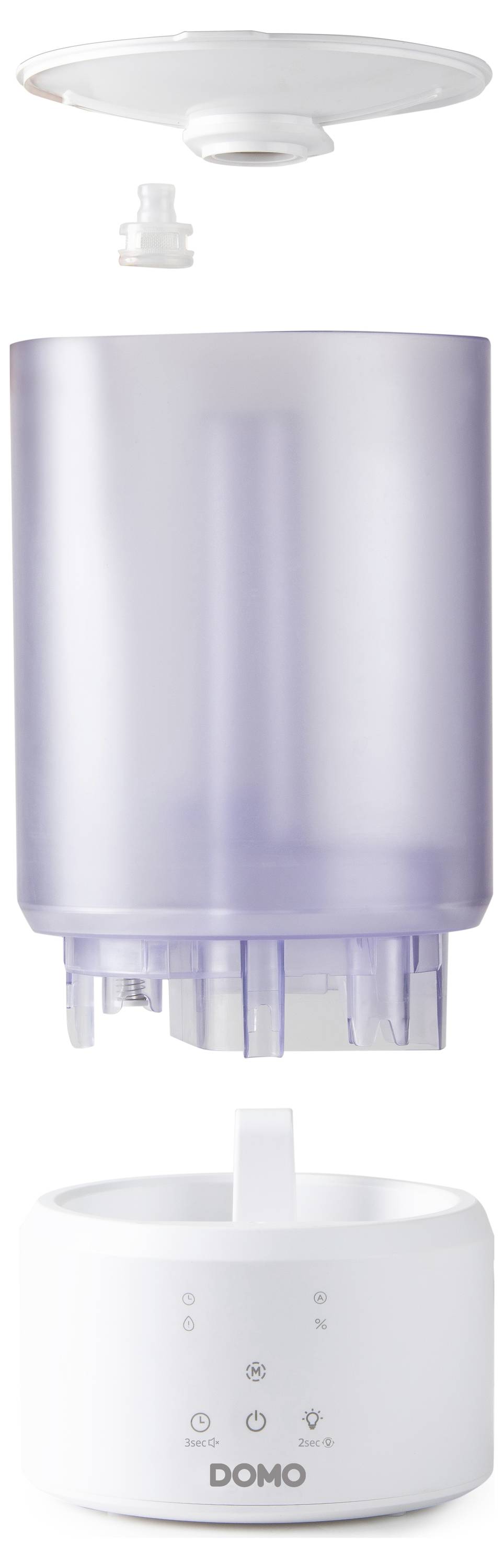 Explodierte Ansicht eines weißen DOMO-Diffusors oder Luftbefeuchters mit abnehmbarem Deckel, Wassertank und Basis mit Bedienungselementen.
