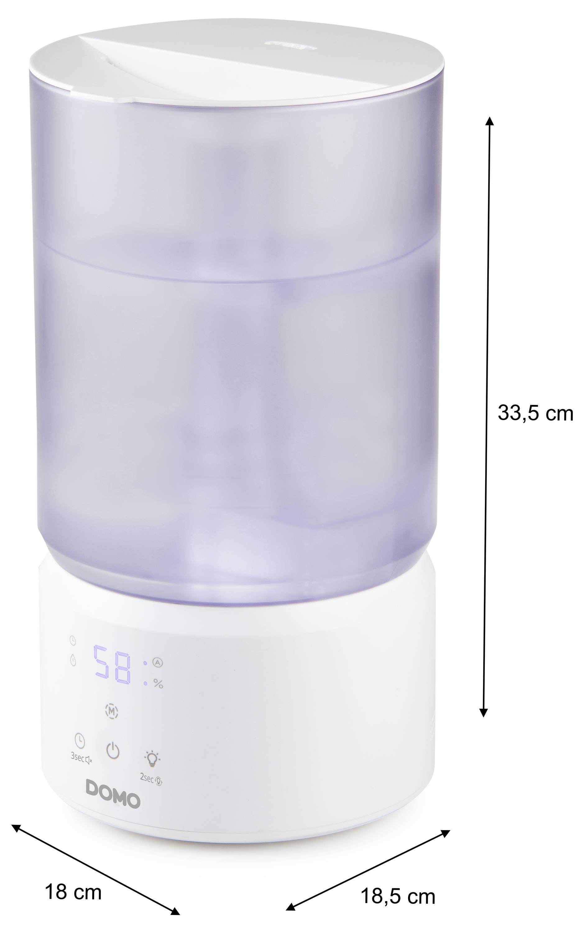Produktabbildung eines zylindrischen DOMO-Luftbefeuchters mit folgenden Abmessungen: 33,5 cm hoch, 18 cm breit und 18,5 cm tief.
