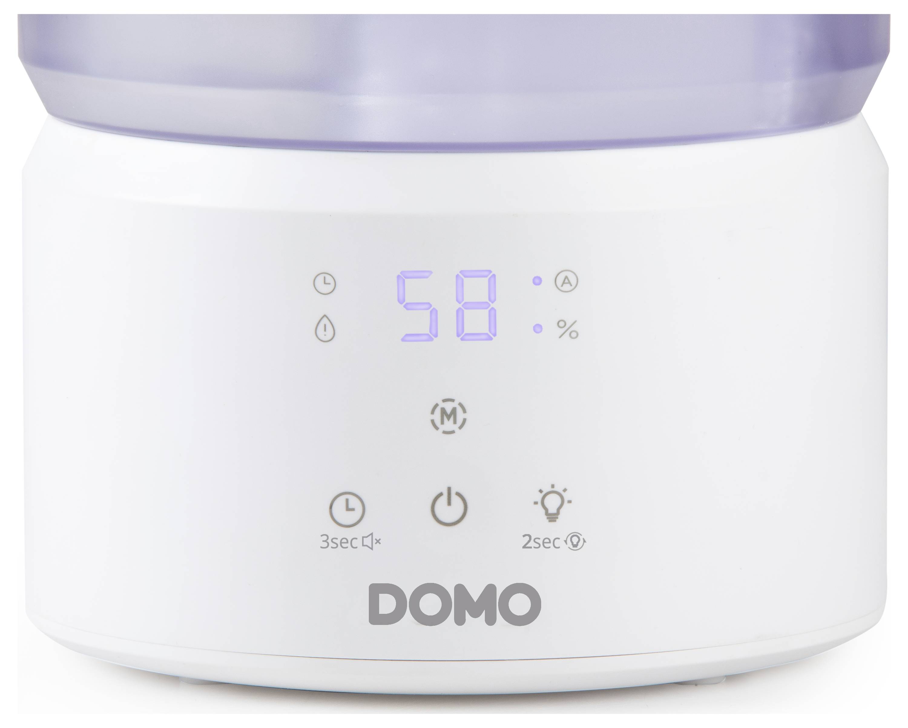 Vorderansicht eines DOMO-Geräts mit einem digitalen Display, das 58 anzeigt, sowie Touch-Icons für Timer-, Energie- und Lichtsteuerung.