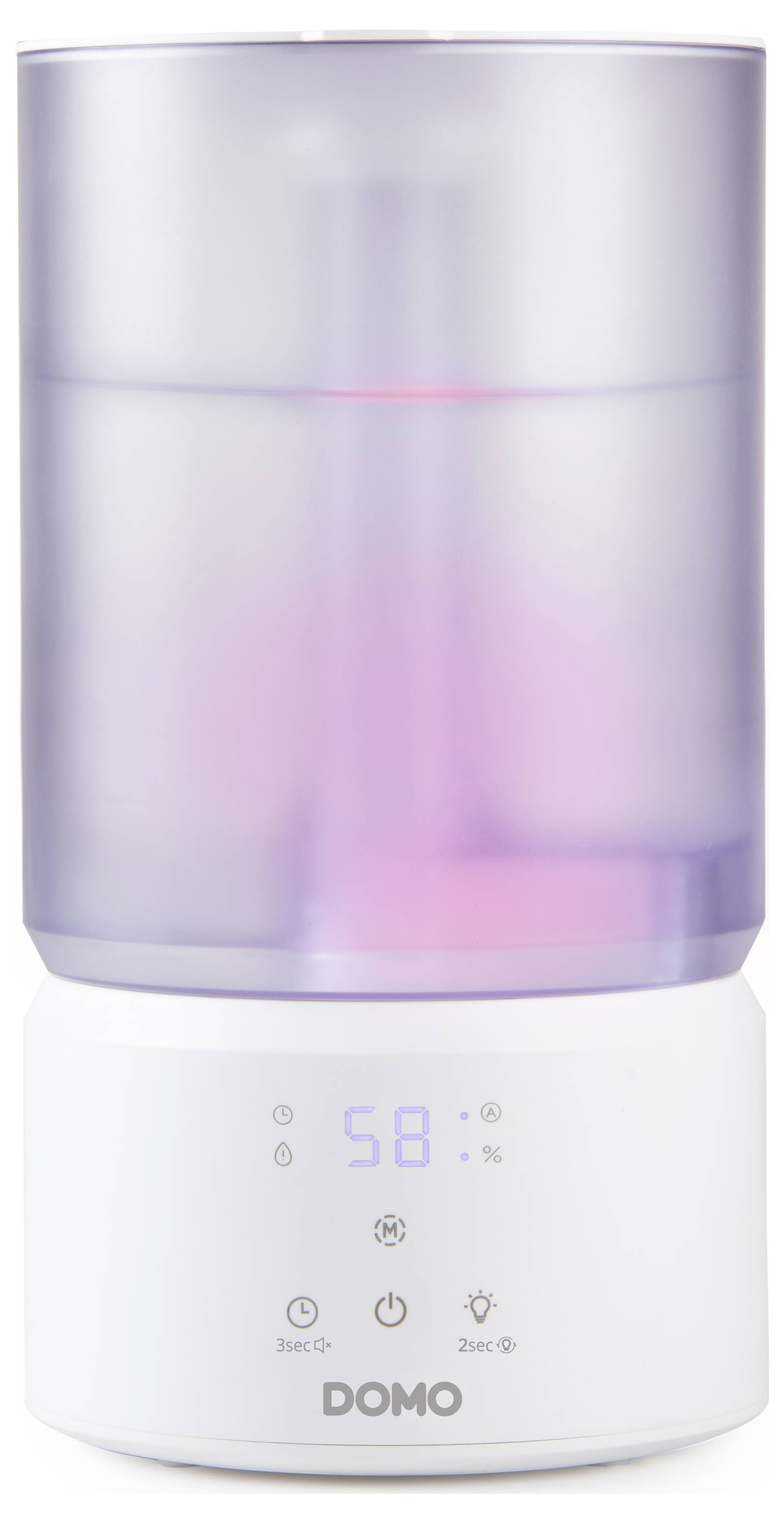 Weißer Domo-Luftbefeuchter mit durchscheinendem lila Tank, digitales Display zeigt 58% Luftfeuchtigkeit an und Touch-Steuerelemente auf der Basis.