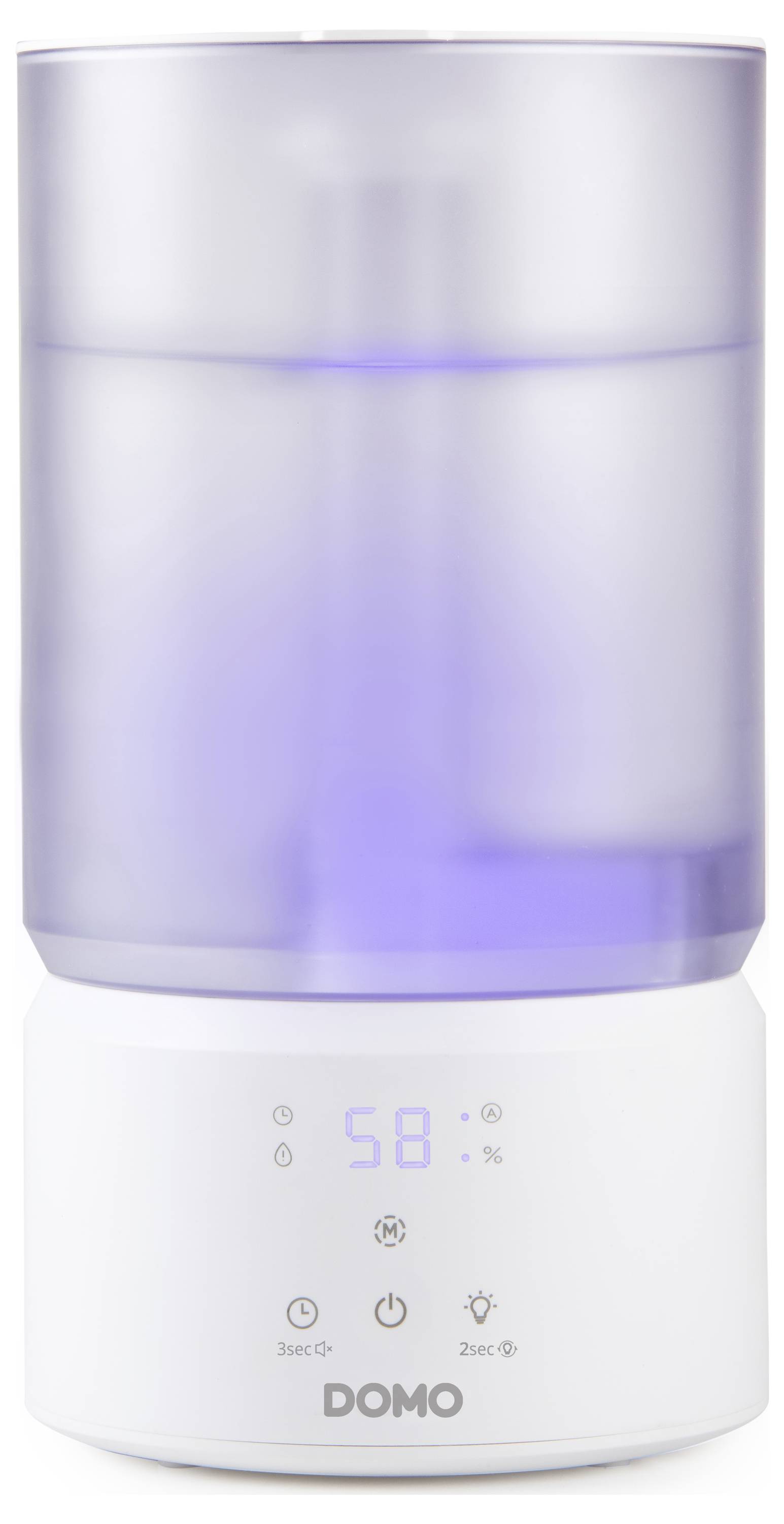 Weißer Domo-Luftbefeuchter mit transparentem Wassertank, violettem Leuchten und digitales Bedienfeld mit Anzeige von 58% Luftfeuchtigkeit.