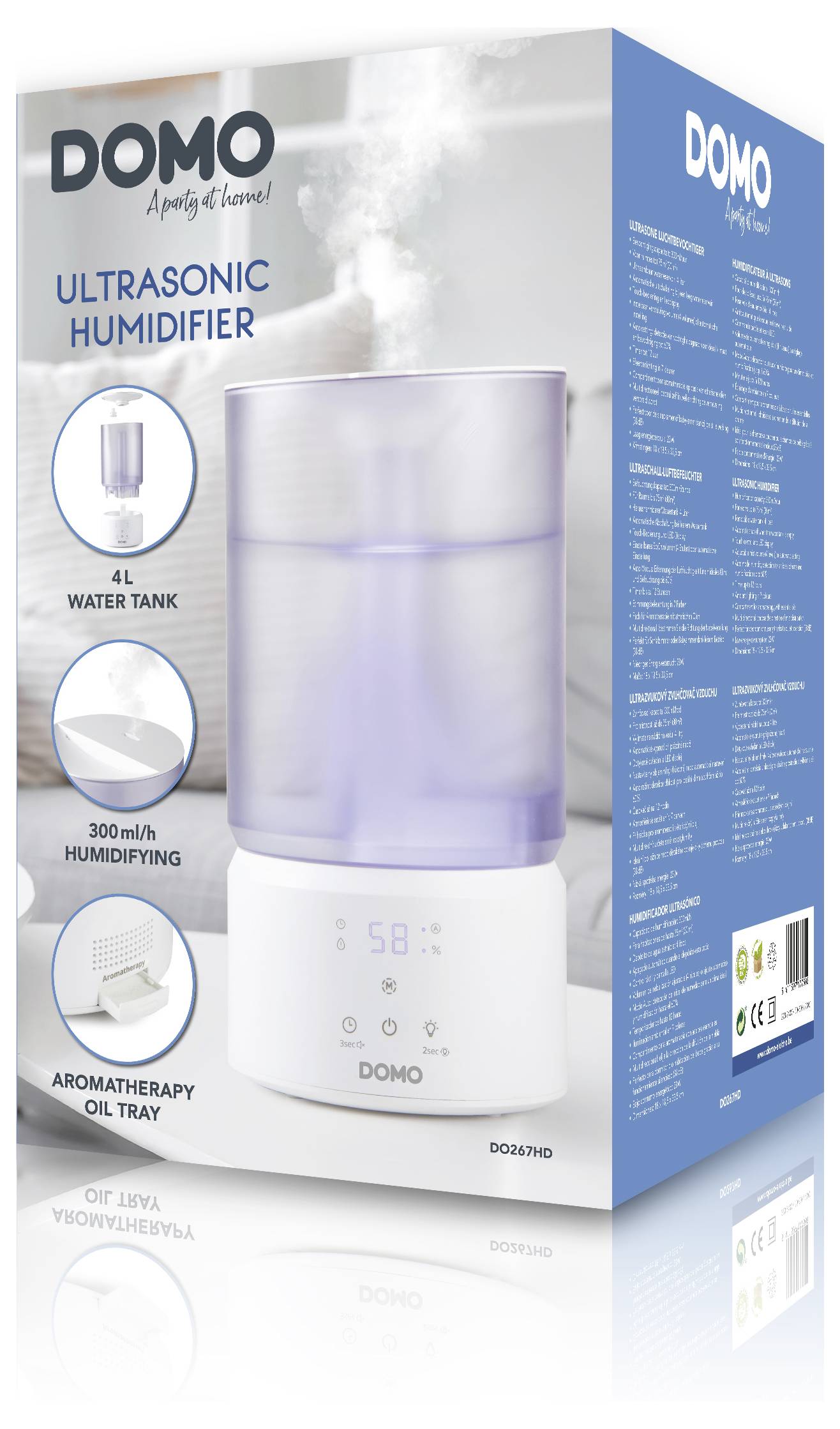 Schachtel für DOMO Ultraschall-Luftbefeuchter mit einem 4-Liter-Tank, 300 ml/h Ausgabe und Aromatherapie-Ölauffangschale auf der Frontplatte.