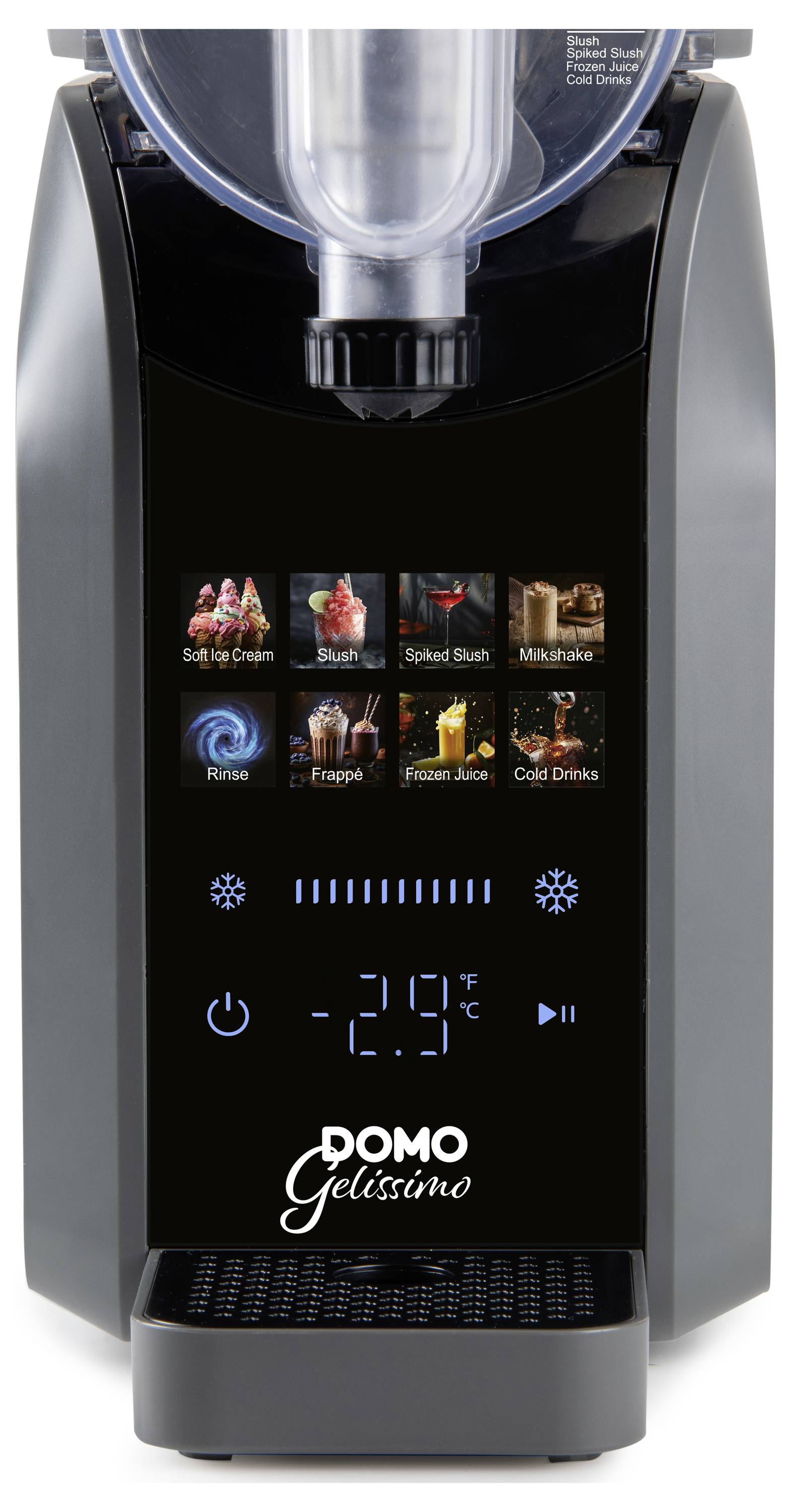 Arbeitsplatte Domo Gelissimo Gerät mit Touchscreen-Bedienung und Getränkesymbolen, mit digitalem Temperaturanzeige und Ein-/Starttasten.