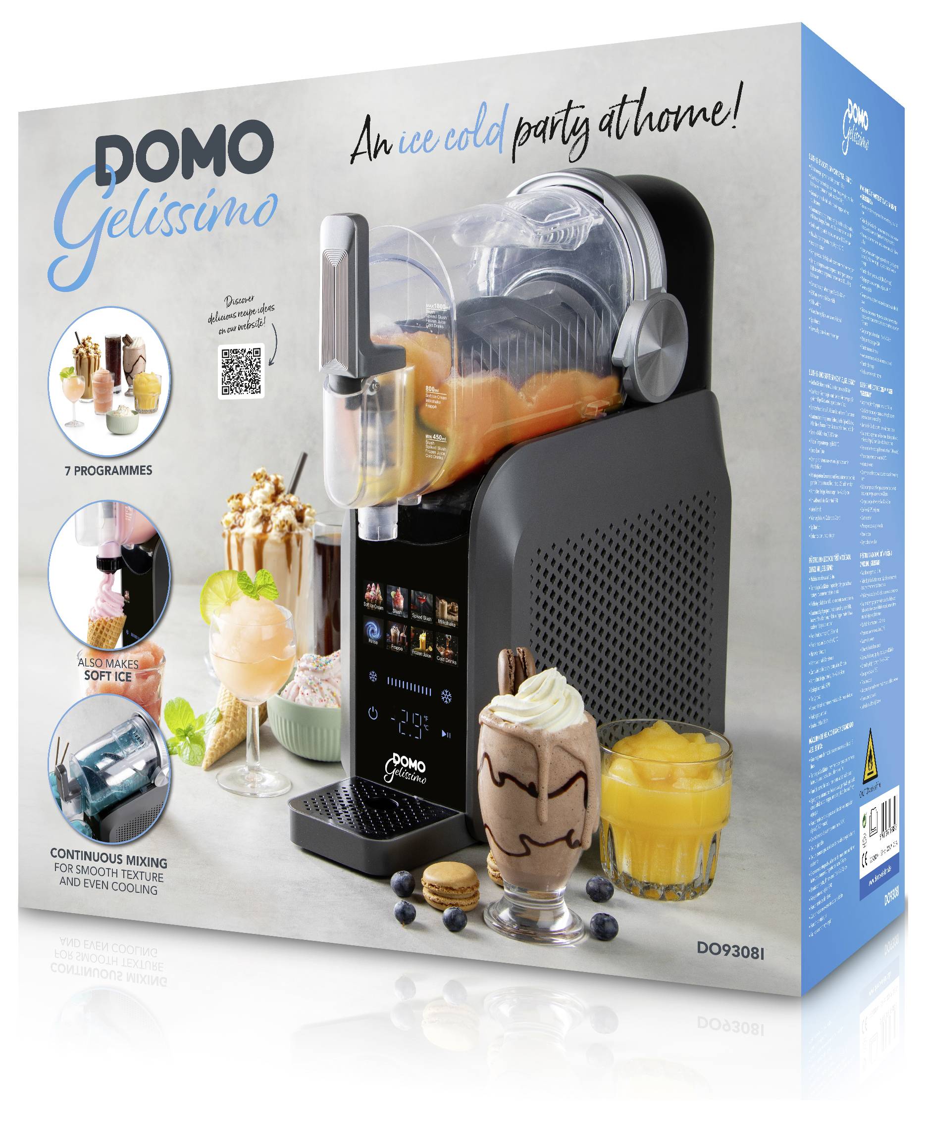 Produktverpackung für eine DOMO Gelissimo-Eismaschine, gezeigt mit der Maschine und Beispielen für gefrorene Desserts; die Verpackung hebt hervor „Eine eiskalte Party zu Hause!