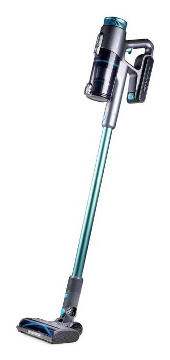 Cordless stick vacuum cleaner with turquoise accents and floor head, shown upright on a white background.