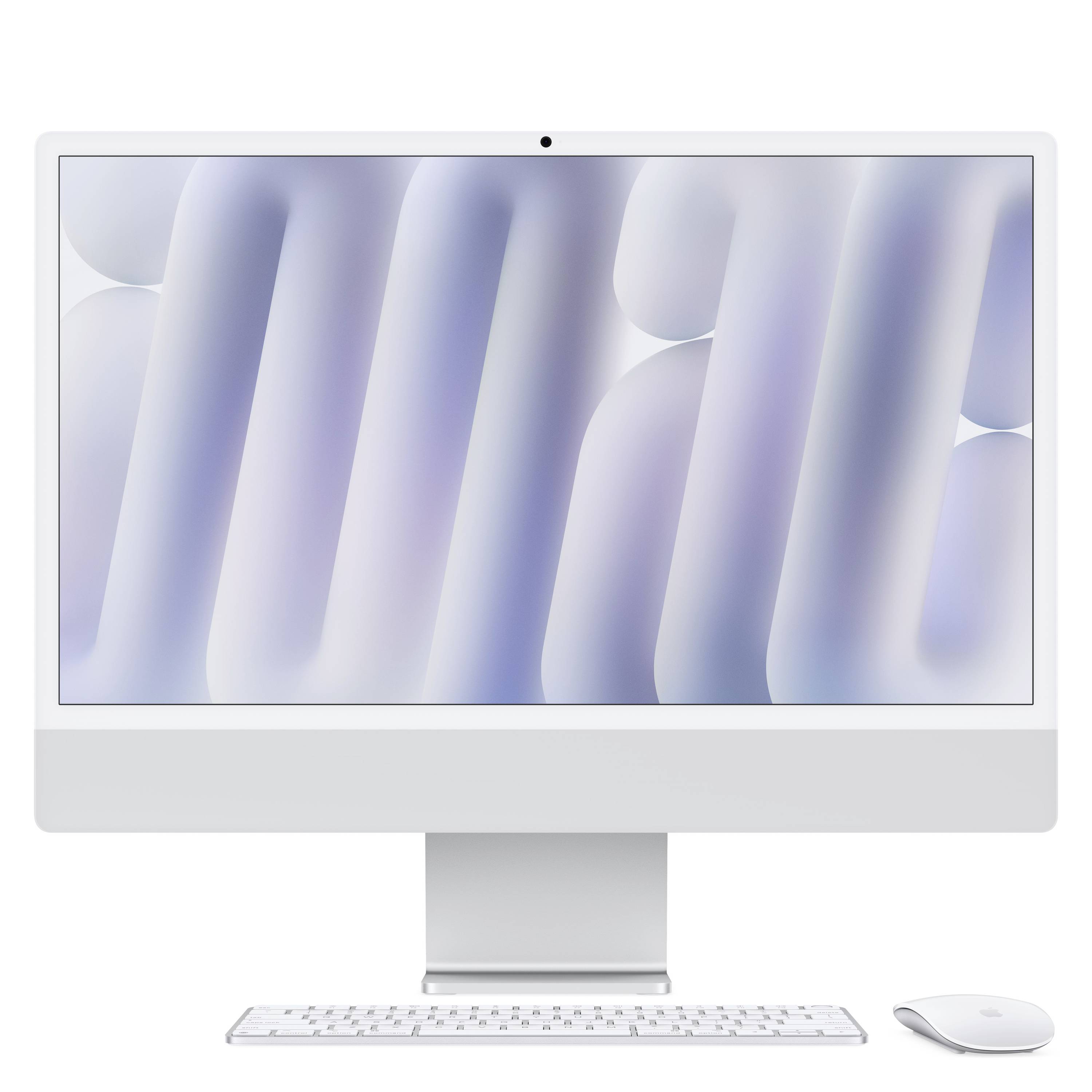 Apple-Desktop-Computer mit großem Monitor, Tastatur und Maus auf weißem Hintergrund.