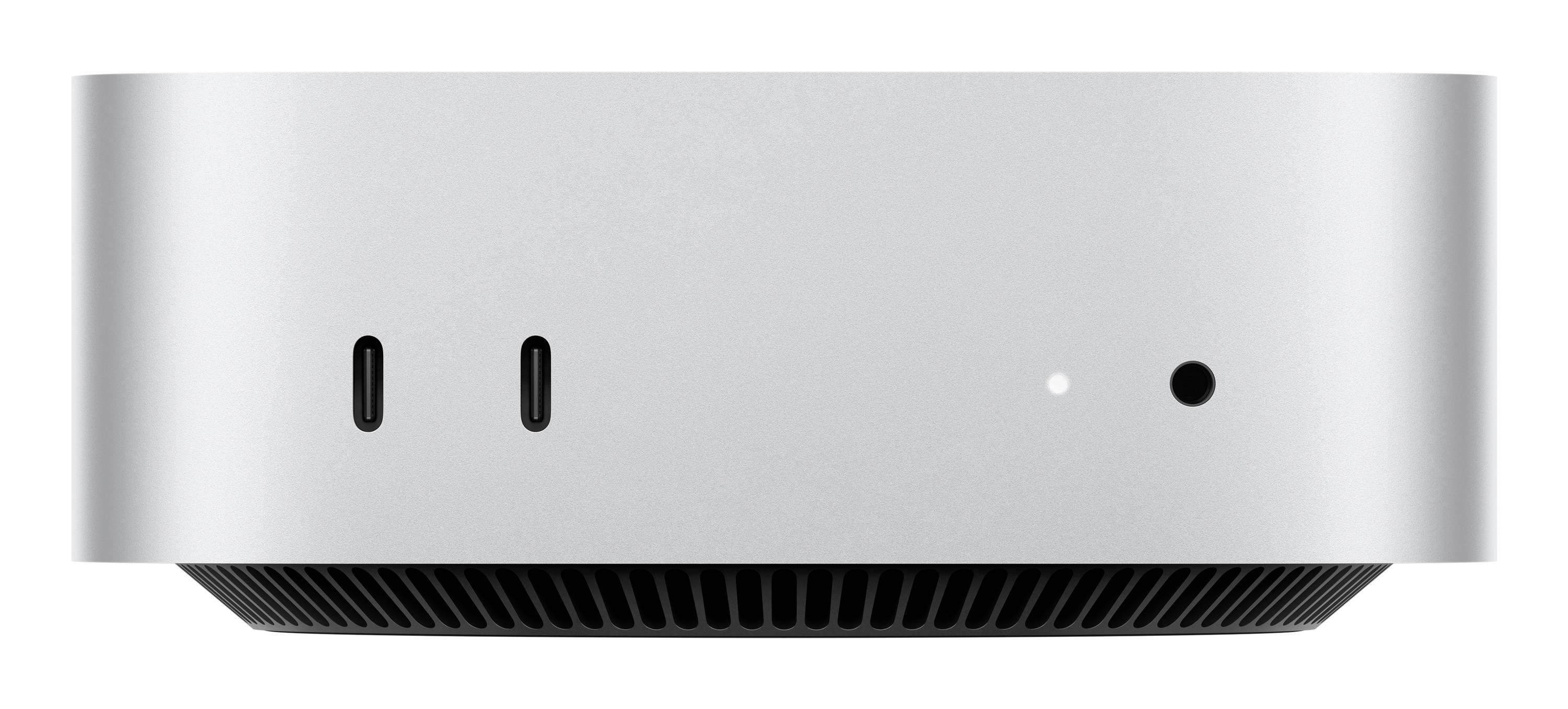 Vorderansicht eines silbernen Desktop-Computer-Towers mit zwei USB-Anschlüssen, einer Statusleuchte und einem Netzschalter auf der Frontblende.