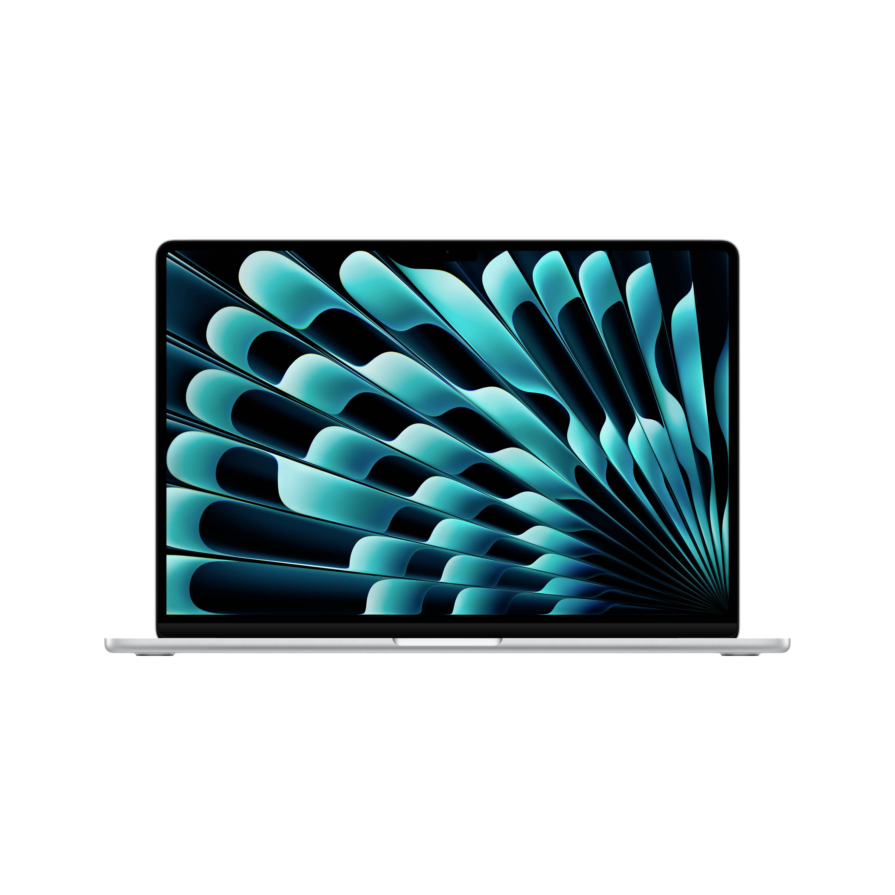 Silberner Laptop auf weißem Hintergrund offen, mit einer türkisfarbenen abstrakten fächerartigen Tapete auf dem Bildschirm.