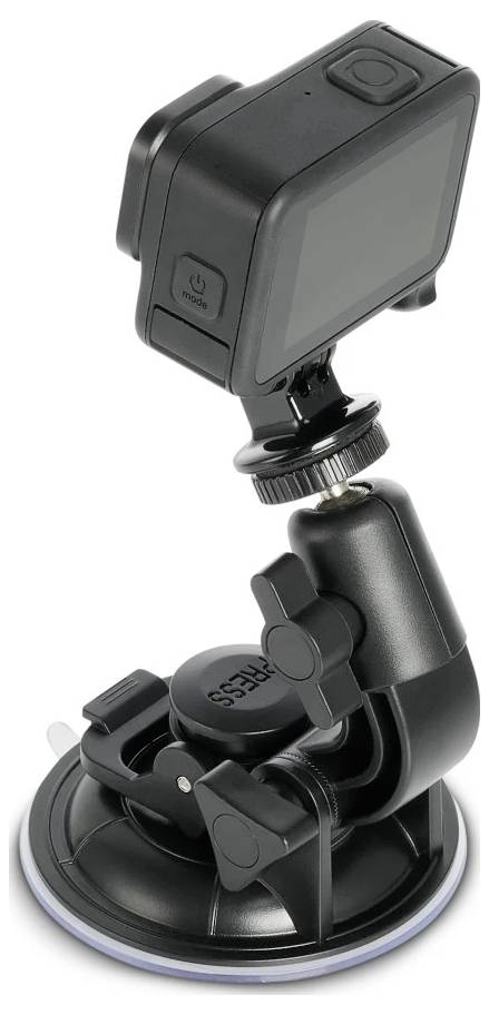 Schwarze Saugnapf-Autoadmount für das Armaturenbrett mit verstellbarem Schwenkarm zum Halten einer kleinen Action-Kamera oder eines Telefonhalters.