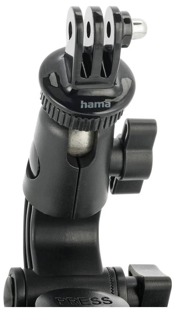 Schwarzer Hama-Kamerahalter-Adapter mit dreipoligem GoPro-Anschluss und verstellbarem Drehknopf, gezeigt auf weißem Hintergrund.